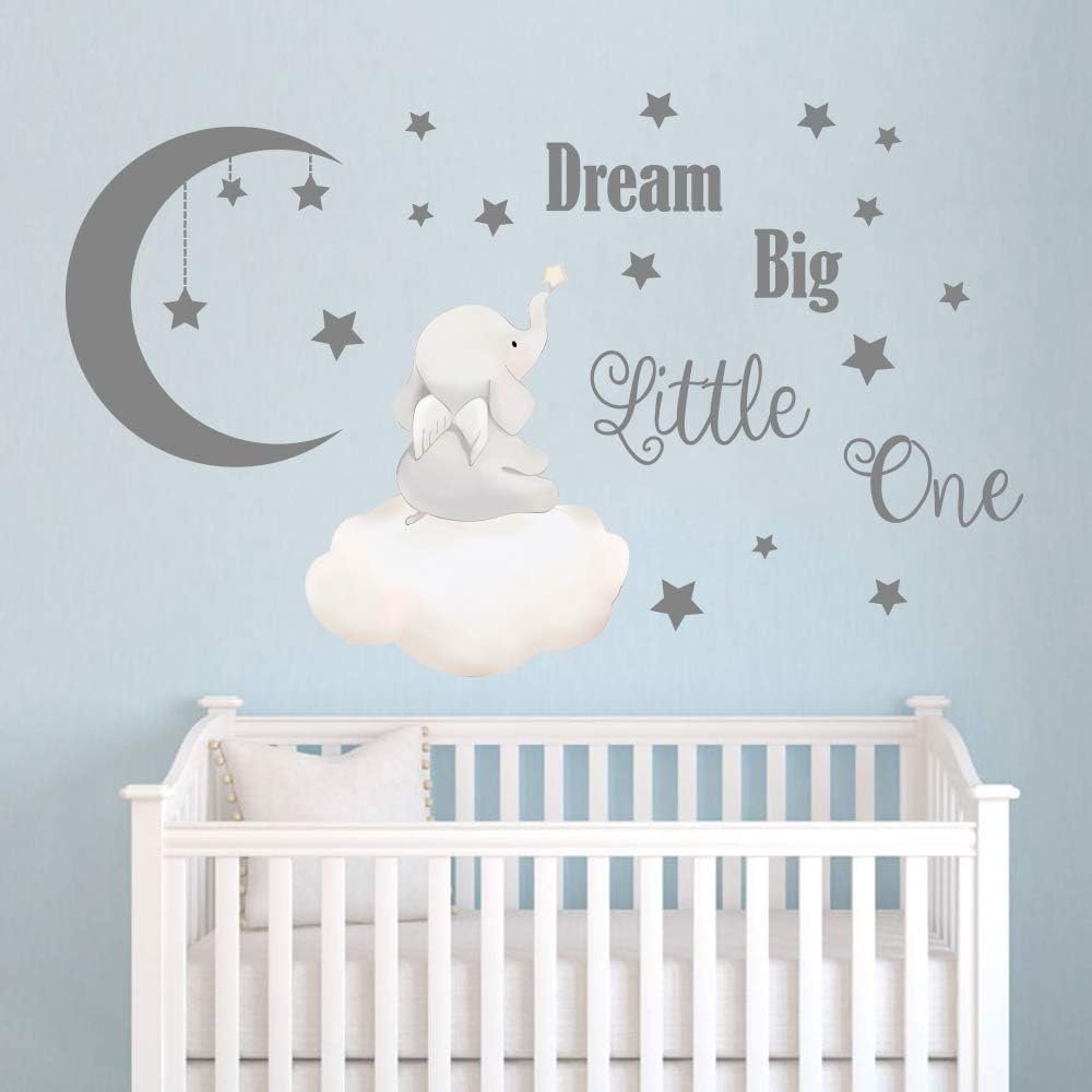 Runtoo Dream Big Little One Wall Decals Elephant Inspirational Quotes Kids Wall Stickers for Bedroom Playroom Nursery Decoration Wall Decor