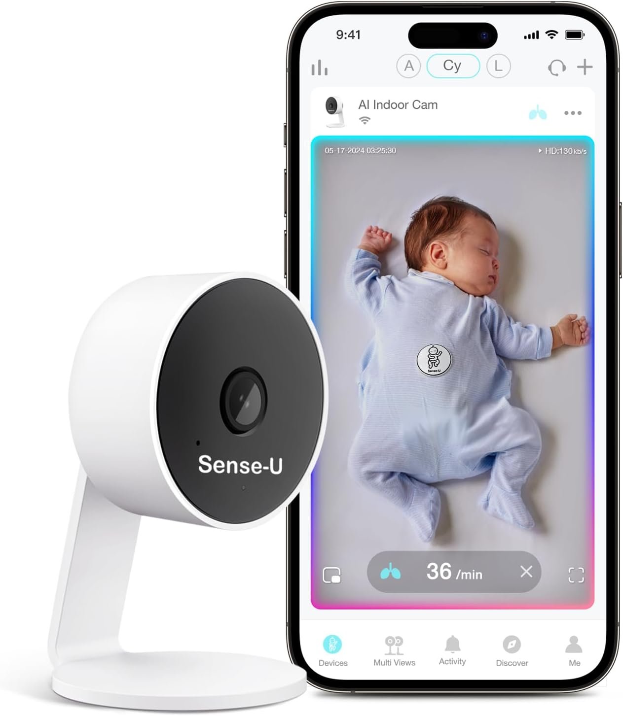 Sense-U AI Baby Camera Monitor with Sensor-Free Sleep Breathing Movement Detection, Smart Security Indoor Video Camera with Background Audio, Sound Detection, No Monthly Fee, for Peace of Mind