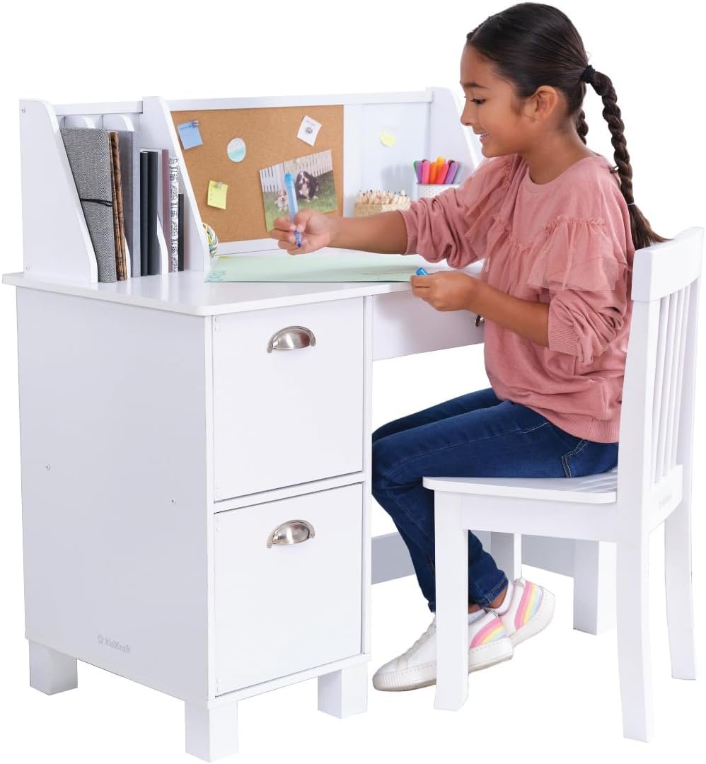 KidKraft Wooden Study Desk for Children with Chair, Bulletin Board and Cabinets, White