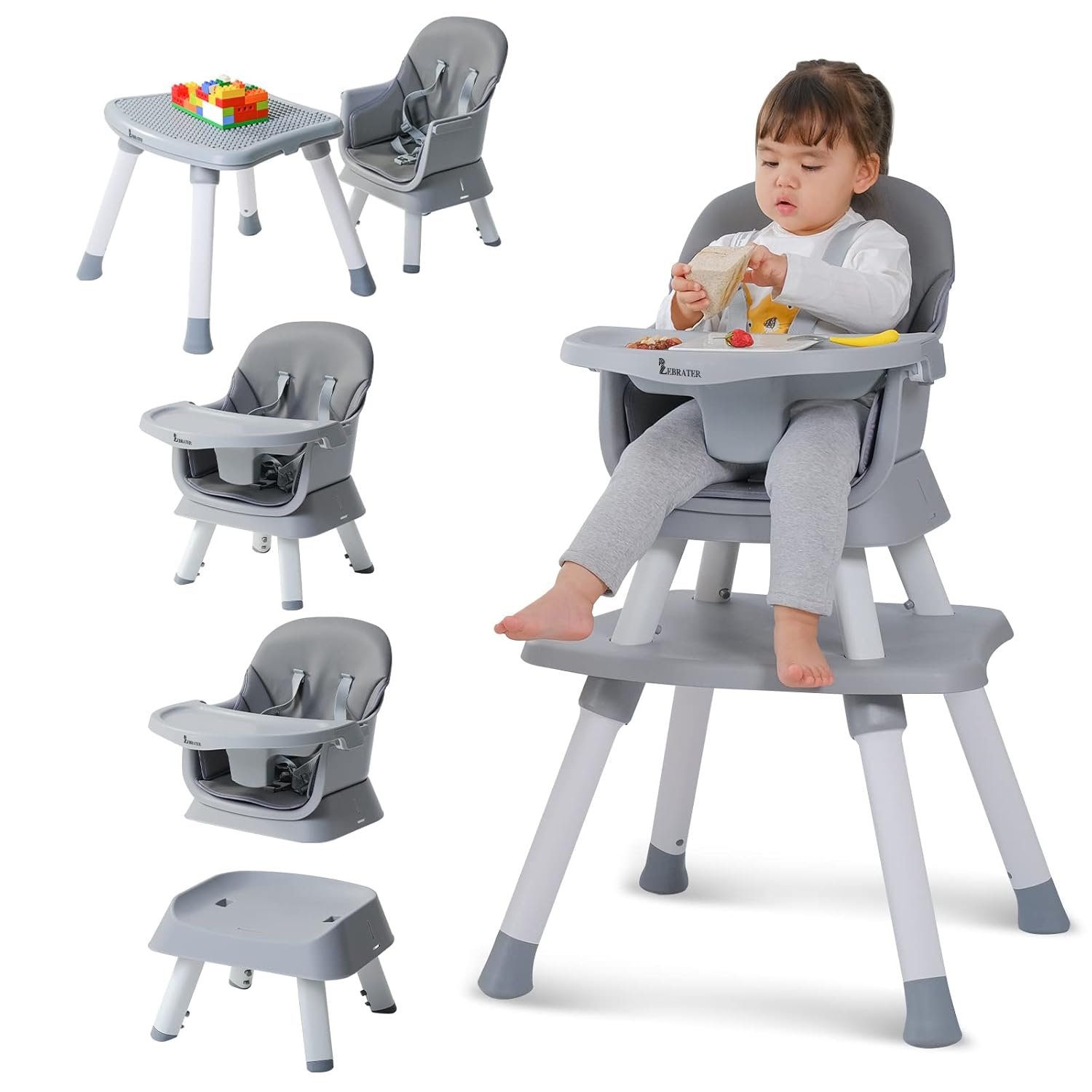 Baby Highchair,8 in 1 High Chairs for Babies and Toddler,Convertible HighChair for Baby, Kids Learning Table,Building Block Table,Kids Stool Table Chair Set with Removable Tray(Grey)