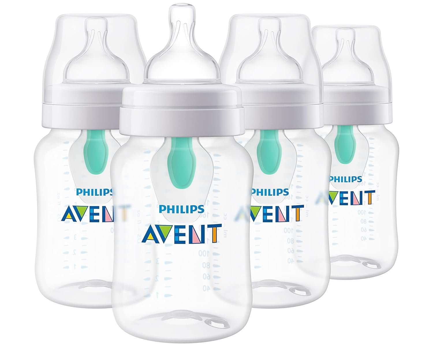 Philips Avent Anti-Colic Baby Bottle with AirFree Vent, 9oz, with Flow 2 Nipples, 1m+, 4pk, Clear, SCY703/04