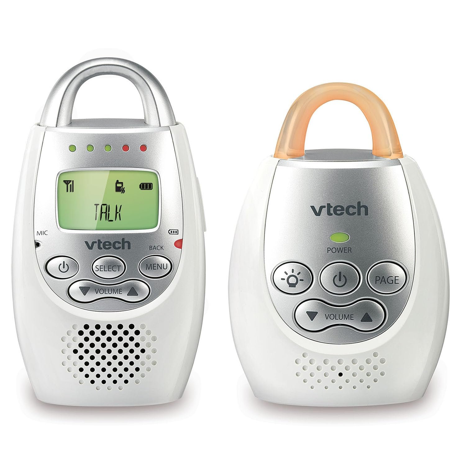 VTech Communications DM221 Audio Baby Monitor with up to 1,000 ft of Range, Vibrating Sound-Alert, Talk Back Intercom & Night Light Loop, White/Silver