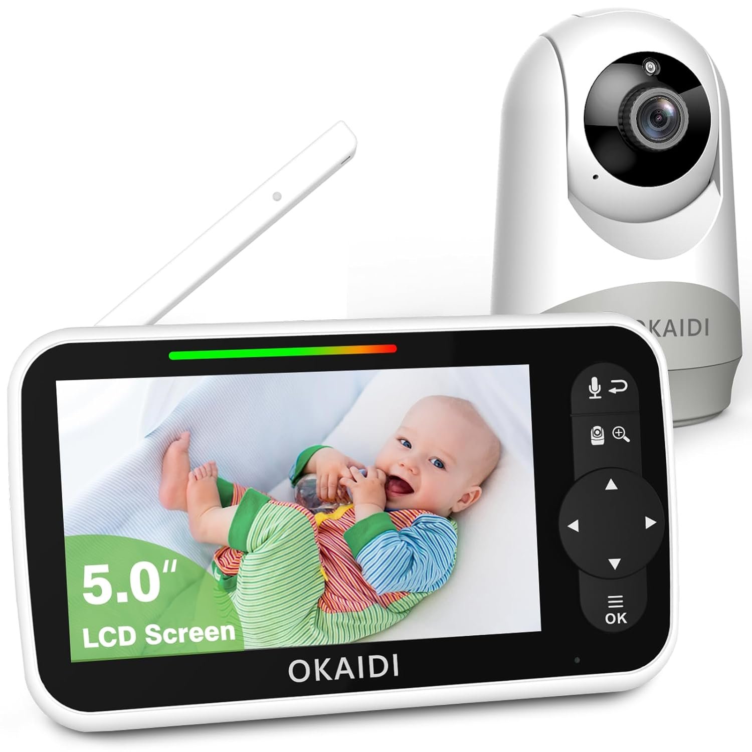 OKAIDI Baby Monitor with Camera and Audio, 5″ Large Screen with 30-Hour Battery, 1000ft Range Video Baby Monitor, Remote Pan-Tilt-Zoom Baby Monitor No WiFi, Night Vision, VOX, 2-Way Talk, 8 Lullabies