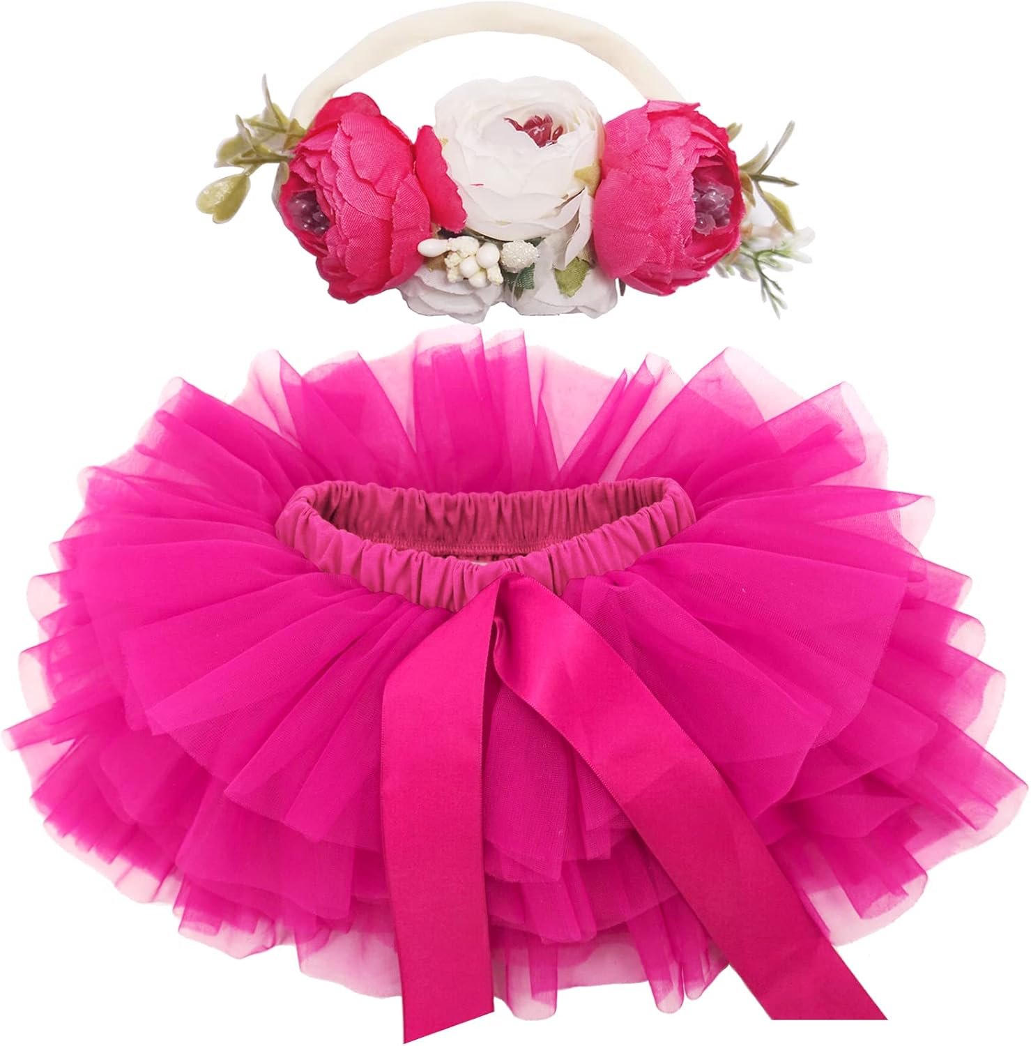 BGFKS Baby Girls Soft Fluffy Tutu Skirt with Diaper Cover,Toddler Girl Tutu Skirt Sets with Flower Headband.