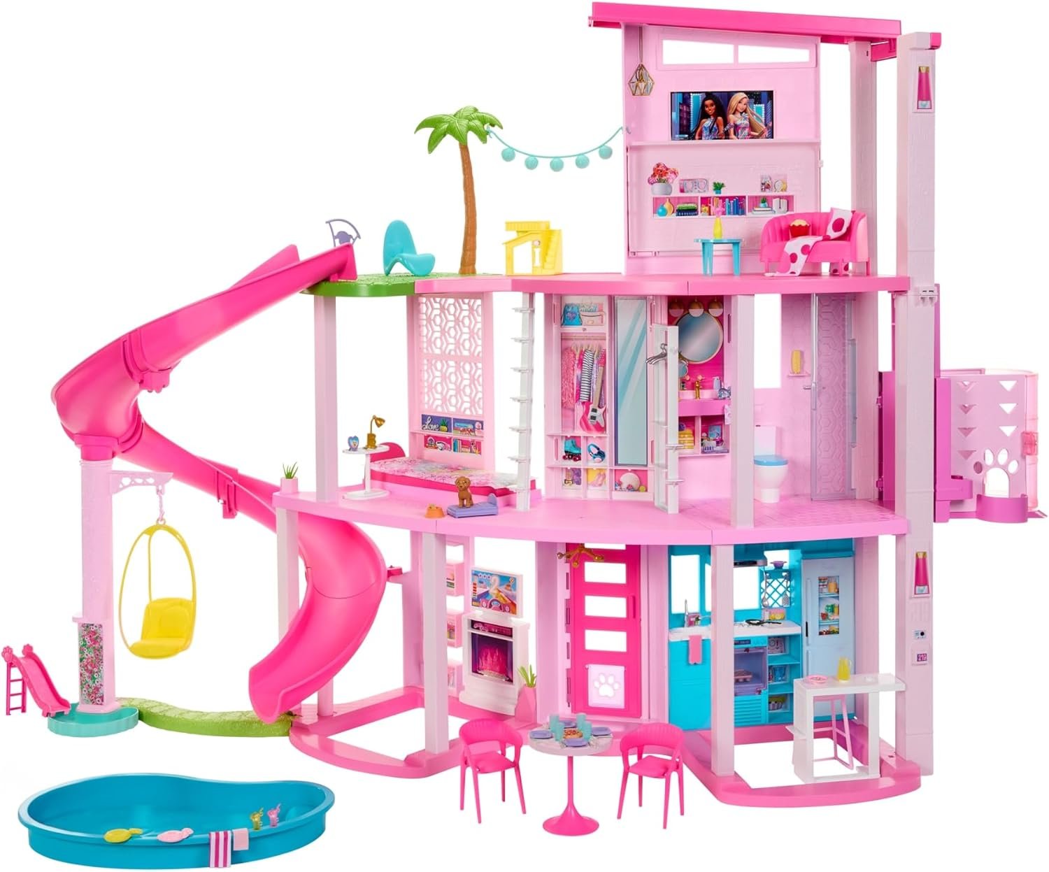 Barbie Dreamhouse, Pool Party Doll House with 75+ Pieces and 3-Story Slide, House Playset, Pet Elevator and Puppy Play Areas