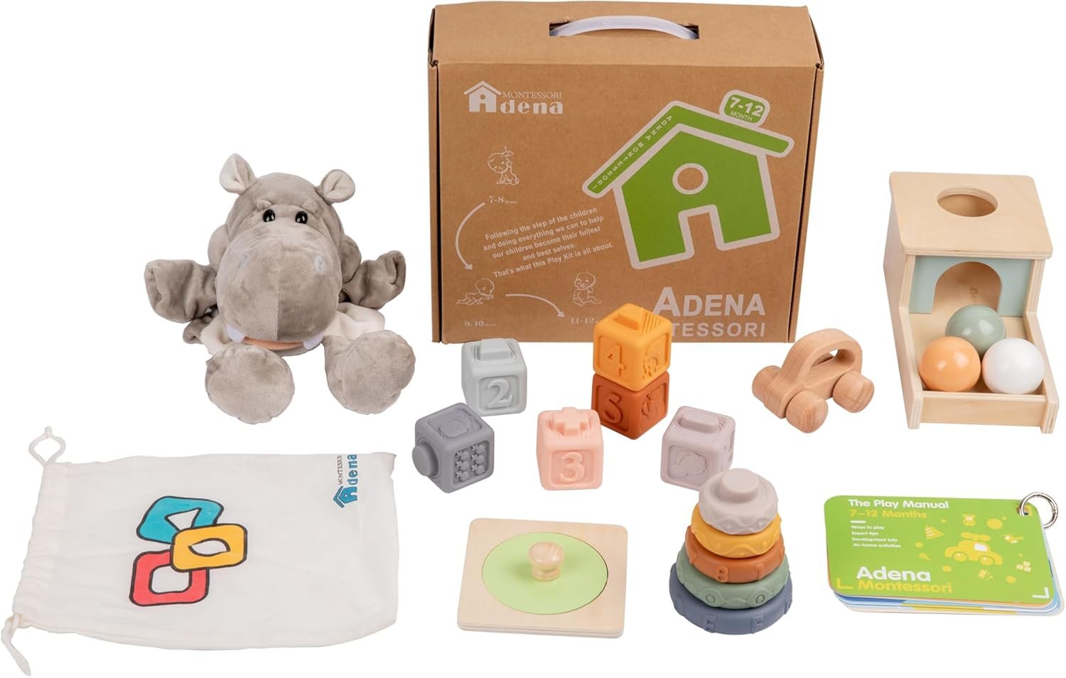 Adena Montessori Play Kit for 7-12 Month Baby,6 in 1 Learning Educational Brain Development Toys for Toddler Includ First Puzzle,Ball Drop Box,Stacking Pegs,First Blocks,Wooden Moving Car,Hand Puppet