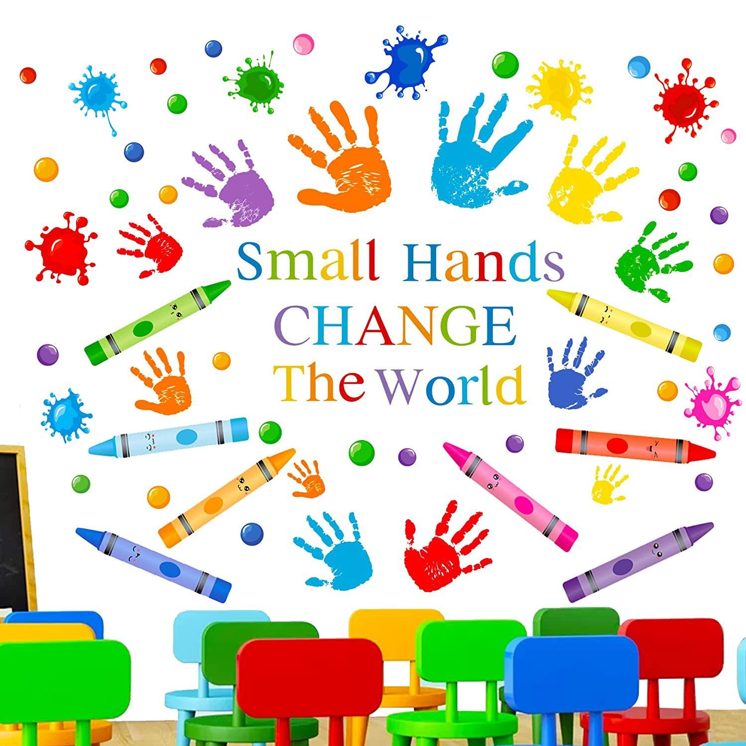 Colorful Inspirational Quotes Wall Decals Watercolor Paint Splatter Wall Decals Motivational Saying Wall Stickers Handprint Crayon Wall Stickers for Kids Classroom Nursery Playroom Daycare Decor