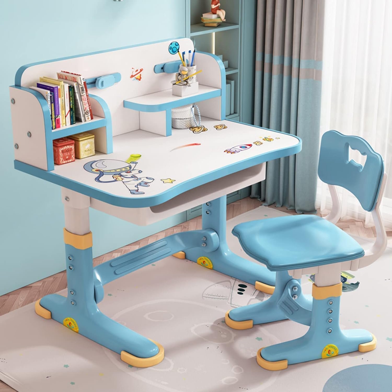 Kids Desk and Chair Set, Study Table and Chair, Desk for Kids, Children’s Desks with Golden Distance Design, Homeschooling Writing Desk with Desktop for Boys and Girls (Blue 1)