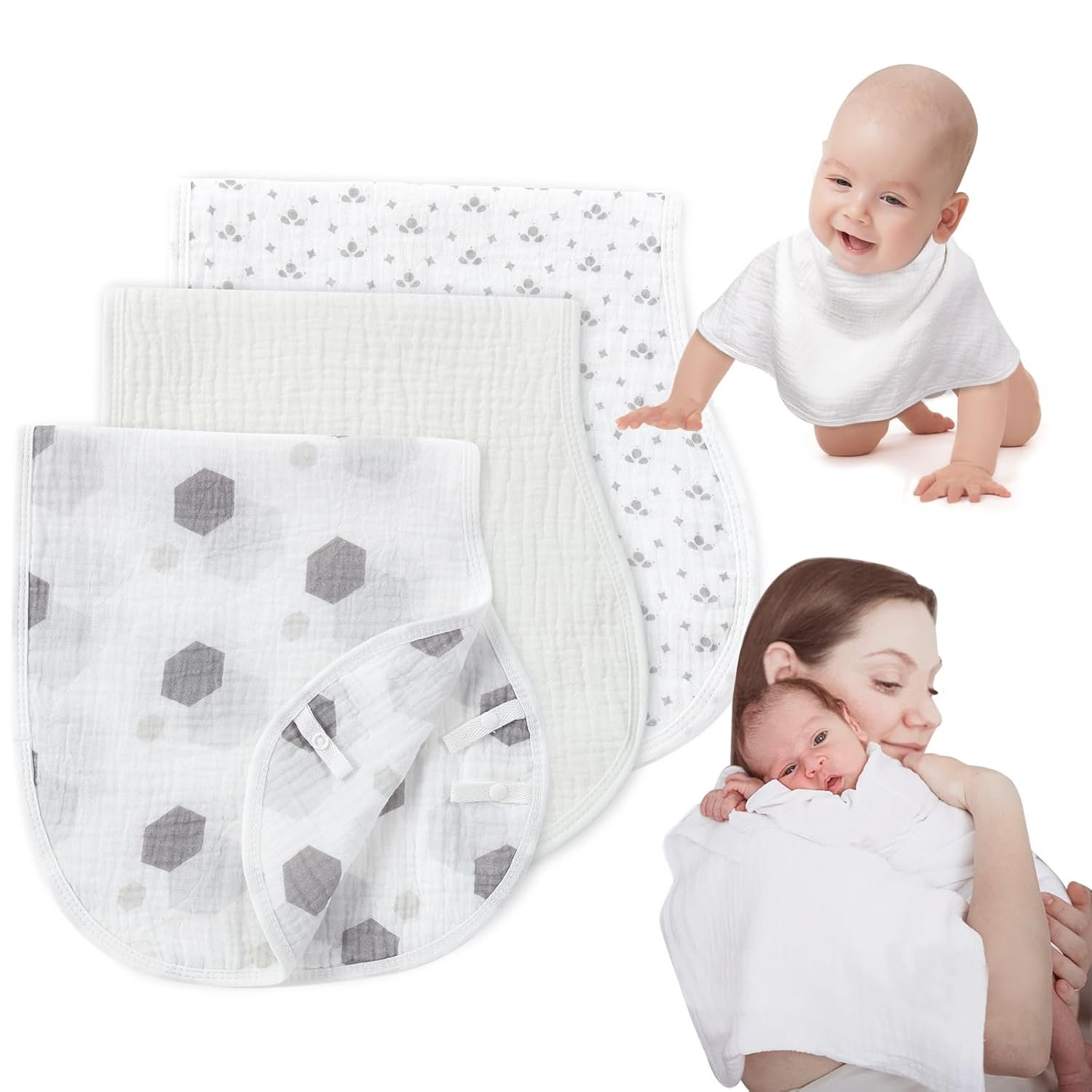 Muslin Burp Cloths with Snaps, Multi-Use Burpy Bib 100% Natural Cotton，Large 22″X11″ Extra Absorbent Burping Cloth for Baby Girl & Boy, Grey & White
