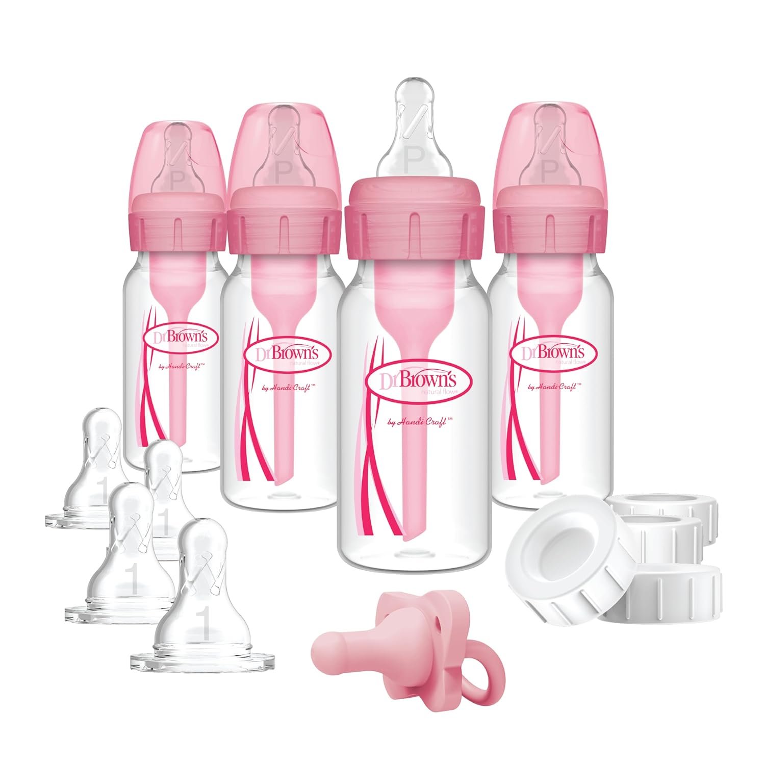 Dr. Brown’s Anti-Colic Baby Feeding Set with Slow Flow Nipples, Travel Caps, Silicone Pacifier – Pink
