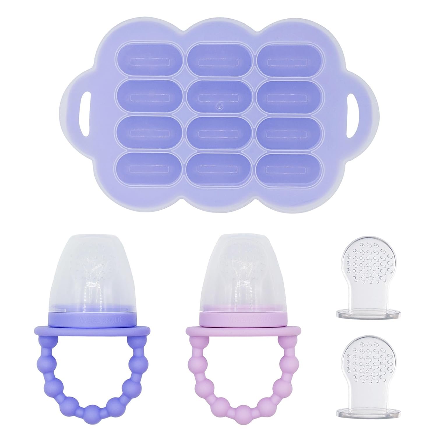 WeeSprout Baby Food Feeder Set – 2 Silicone Feeders & Reusable Freezer Tray with Lid – BPA-Free Fresh Fruit & Veggie Pacifier for Babies & Toddlers – Double as Teething Toys – Dishwasher Safe