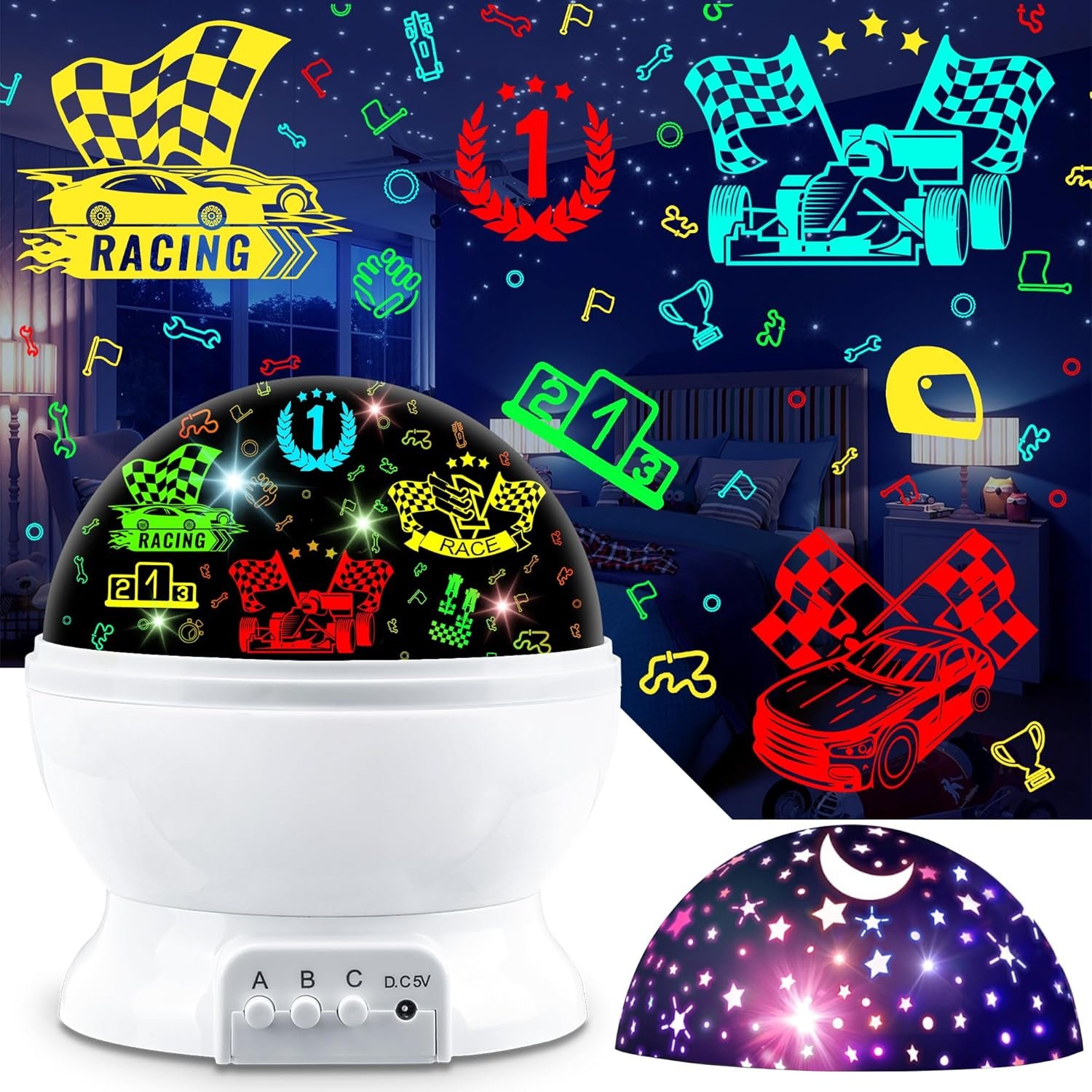 Race Car Night Light Projector Birthday Gifts Toys for Boys Age 3-5 Kids Car Nightlights 360 Degree Rotation with 17 Colors Changing Star Projector Ceiling Light Projector for Boys