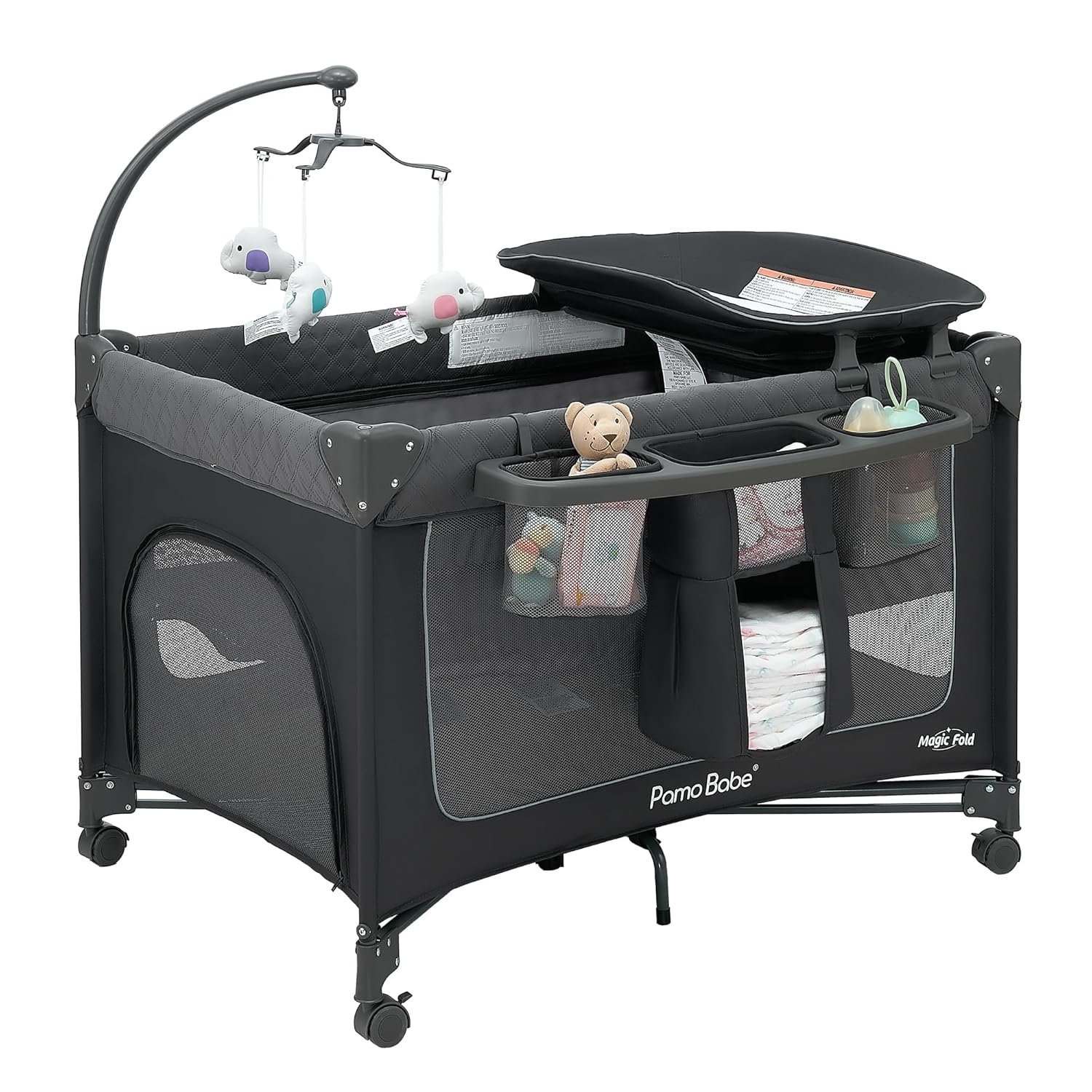 Pamo Babe 1-Second Setup 3-in-1 Playard for Babies – Heavy-Duty Steel Frame for Safe Sleep Space, Portable Crib with Zip Door & Changing Table, Locking Wheels, Breathable Mesh