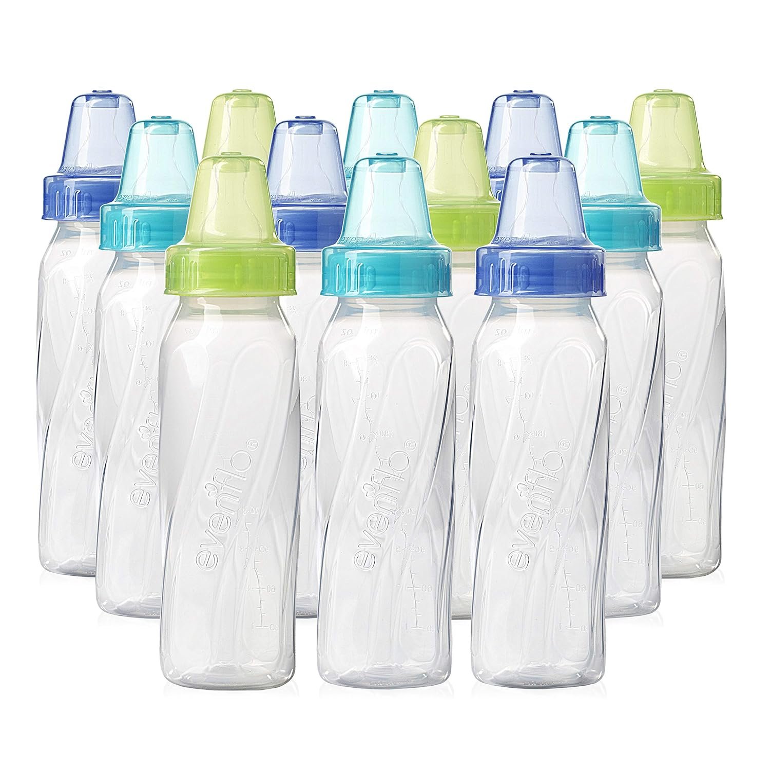 Evenflo Feeding Classic Clear Plastic Standard Neck Bottles for Baby, Infant and Newborn – Teal/Green/Blue, 8 Ounce (Pack of 12)