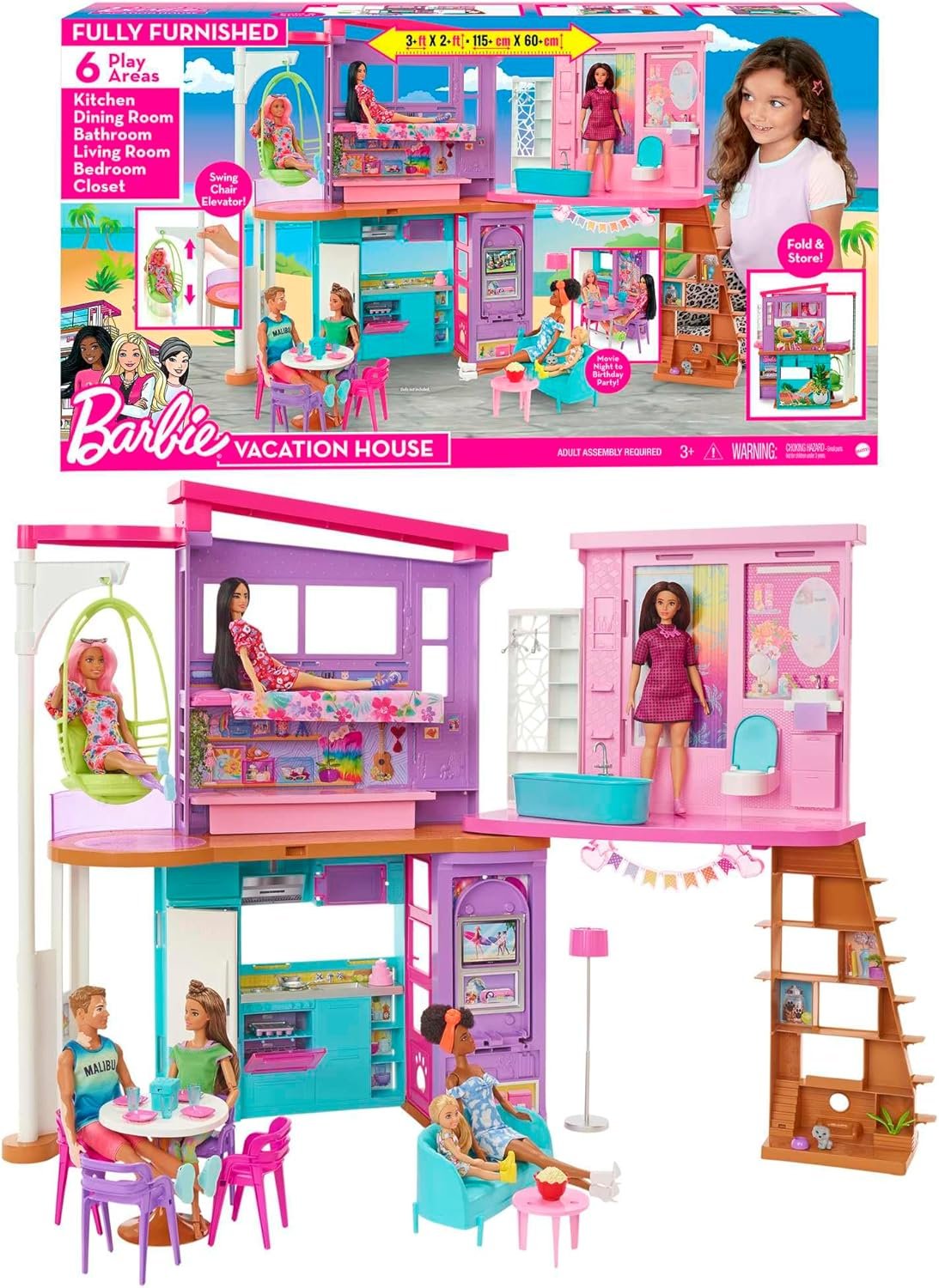 Barbie Vacation House, 2-Storey Fully-Furnished Barbie House with 6 Play Areas, Swing Chair Elevator, 30 Accessories, Fold and Store, Toys for Ages 3 and Up, One Toy House, HCD50