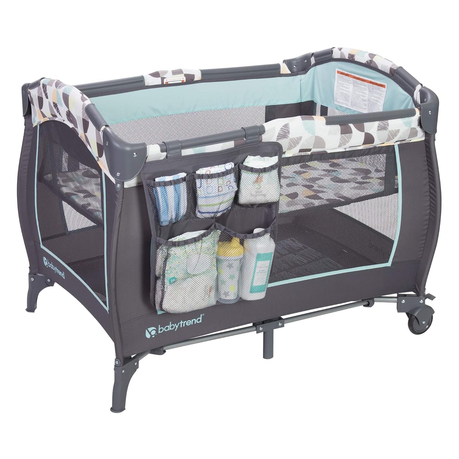 Baby Trend Nursery Center, Portable Playard with Bassinet, Changing Table and Storage Organizer, Trend-E – Foldable and Convertible Travel Play Crib for Babies and Toddlers, Doodle Dots