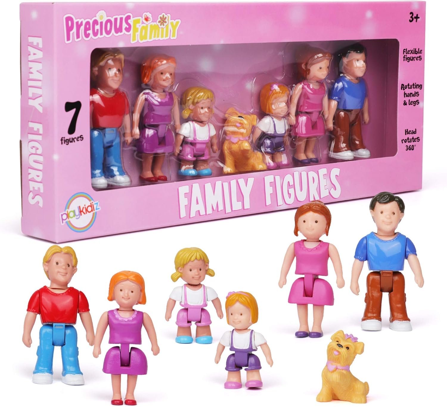 Playkidz Family Figures – Set of 7 Small Toy People for Dollhouse Play, Includes Parents, Sibling, and Pet – Doll House Accessories for Children