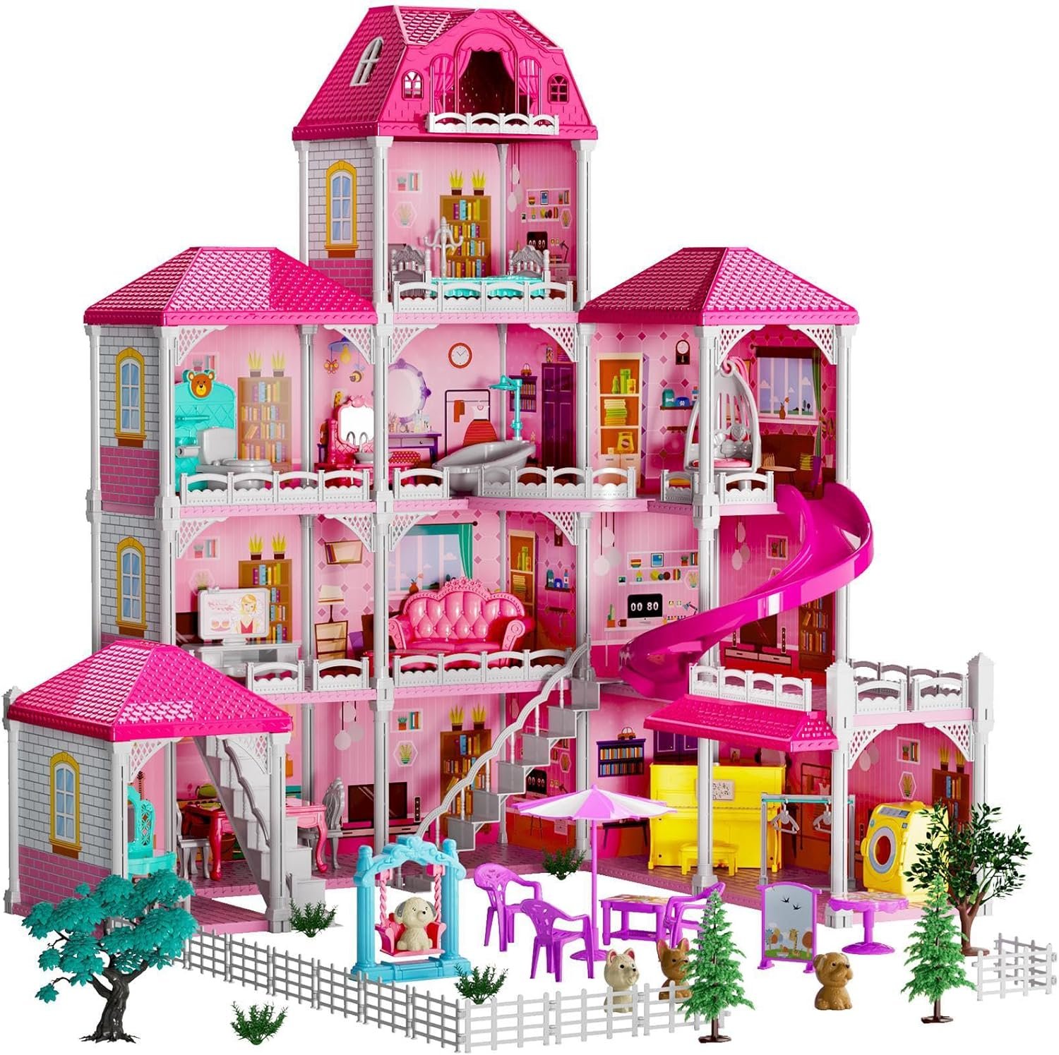 TEMI Villa Toys for 3 4 5 6 7 8 Years Old Girls – 4 Storeys 12 Rooms, Indoor Playset with 2 Dolls Toy Figures, Toys Furniture and Accessories, Pretend Girls Plays, Building