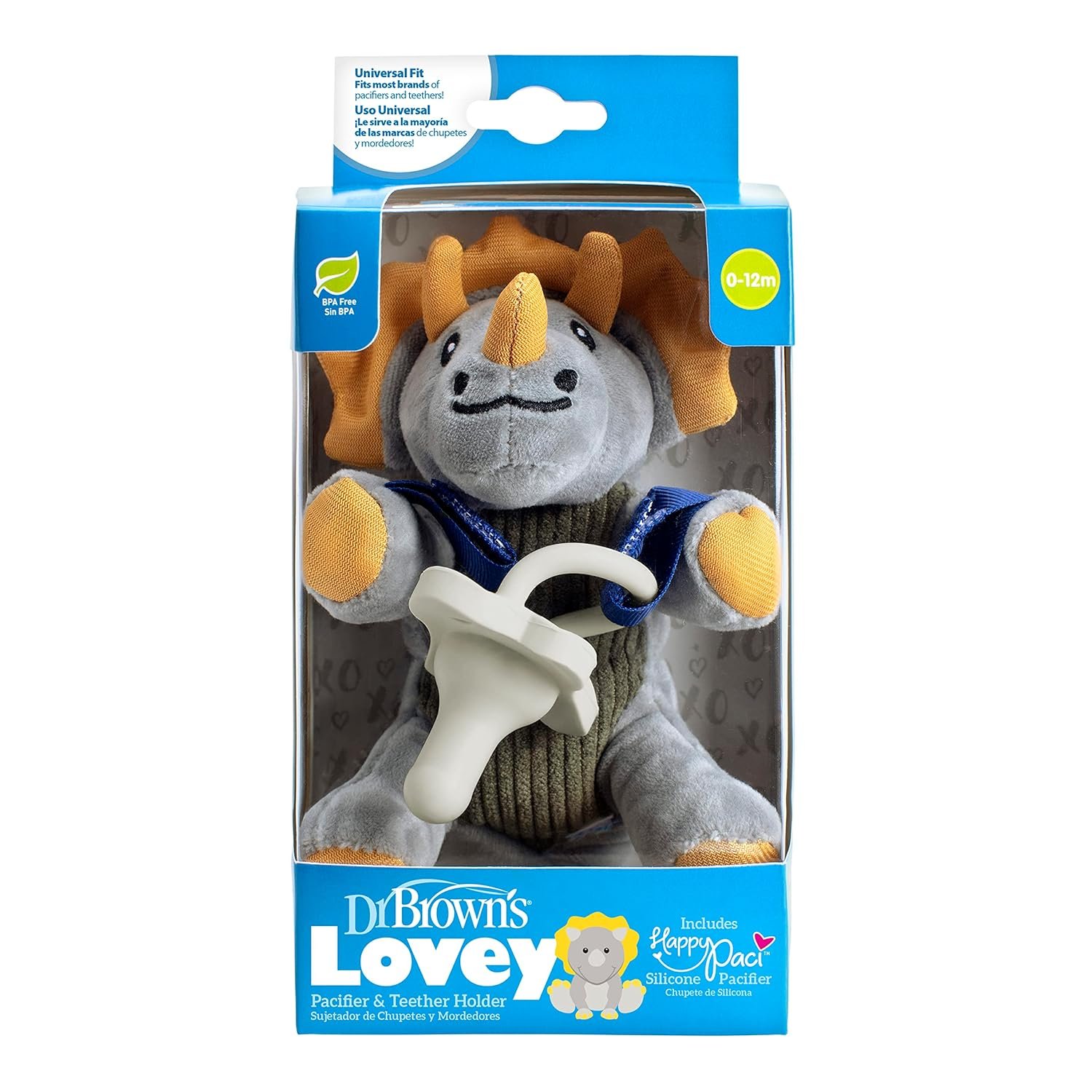 Dr. Brown’s Baby Lovey Pacifier and Teether Holder, Triceratops with Gray HappyPaci, 100% Silicone, 0-6m (Packaging May Vary)