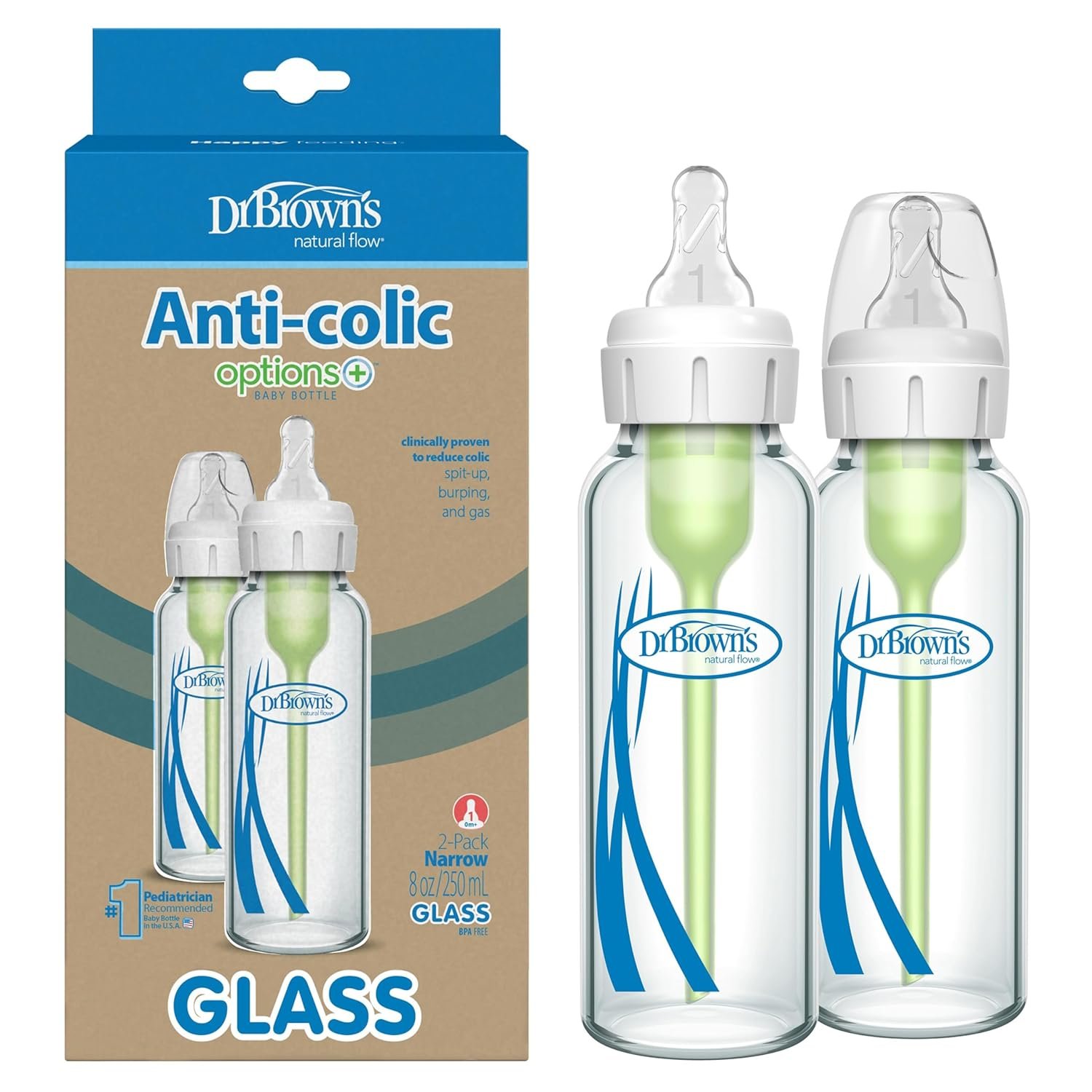 Dr. Brown’s Natural Flow Anti-Colic Options+ Narrow Glass Baby Bottle 8 oz/250 mL, with Level 1 Slow Flow Nipple, 2 Pack, 0m+