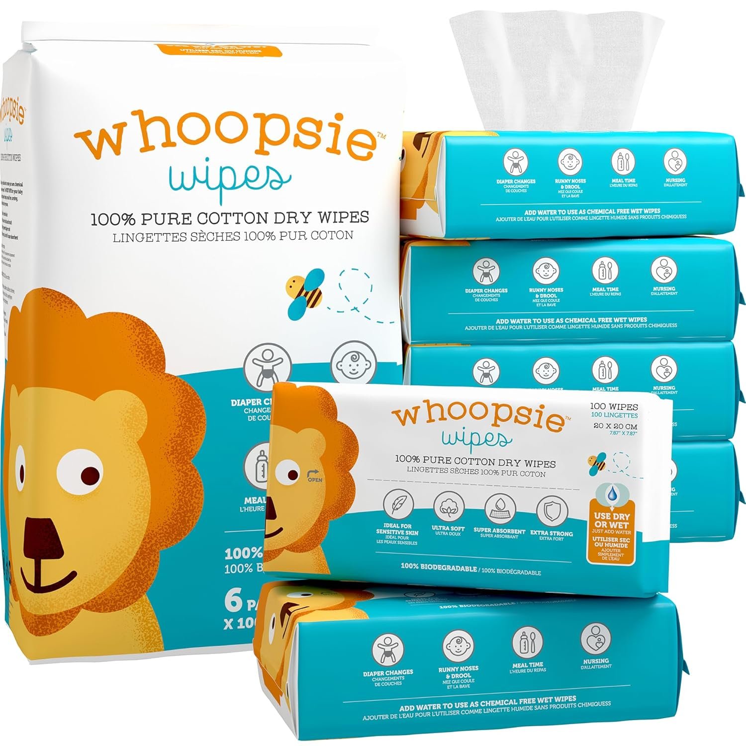 Whoopsie Wipes – The Original 100% Pure Cotton Dry Baby Wipes – Ultra Soft, Unscented, Chemical-Free Wipes for Sensitive Skin – Use Dry or Add Water for Wet Wipes – 6 Packs (600 Count)