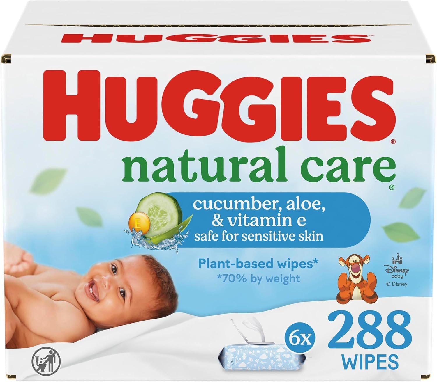 Huggies Natural Care Cucumber, Aloe and Vitamin E Baby Wipes, Hypoallergenic, Scented, 6 Flip-Top Packs (288 Wipes Total), Packaging May Vary