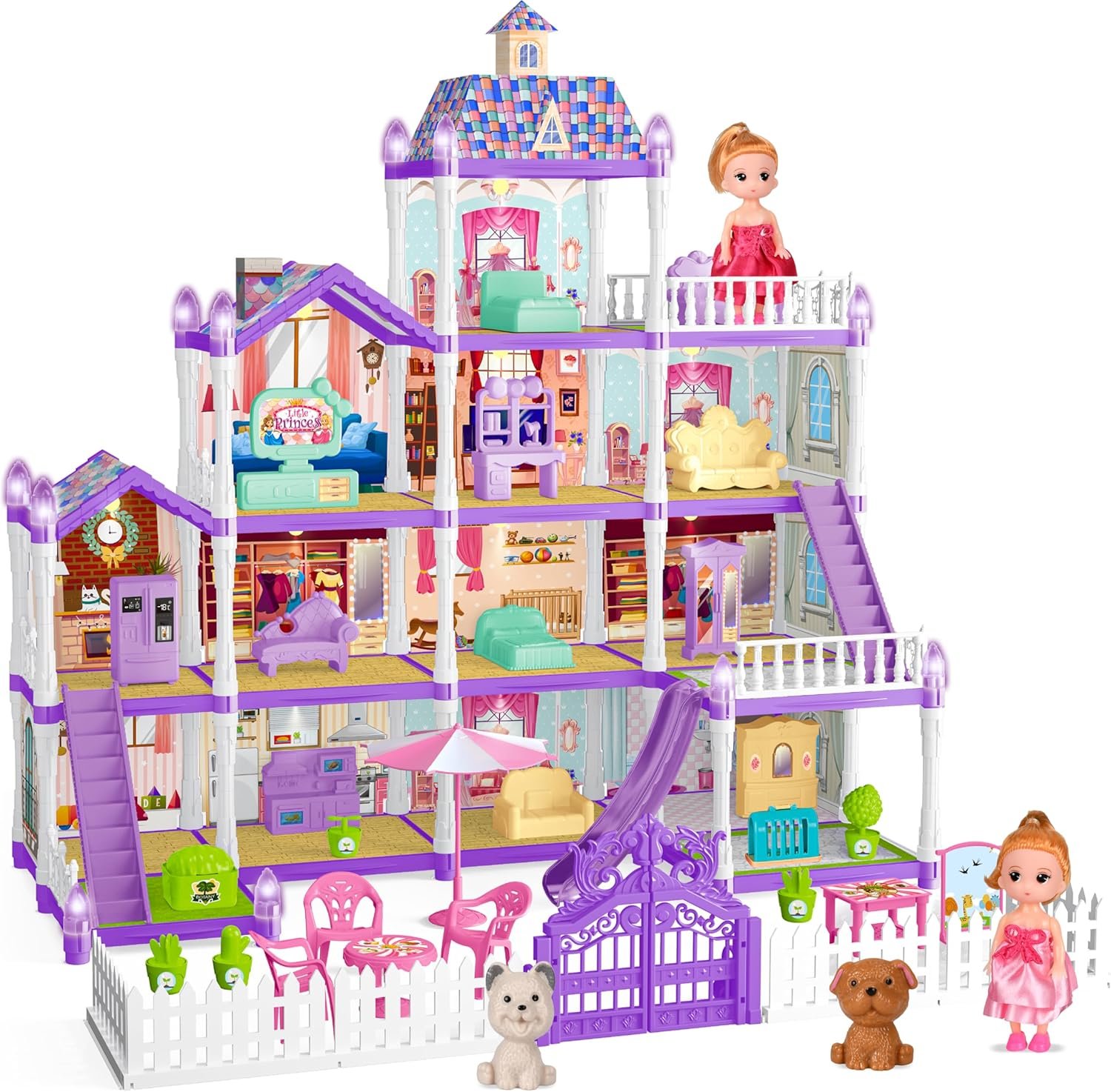 Doll House for Girls ,13 Rooms Doll House with 2 Dolls, Lights, Puppies ,Furnitures, Accessories, Toddler Playhouse Gift for for 3 4 5 6 7 8 9 10 Year Old Girls Toys ( Purple)