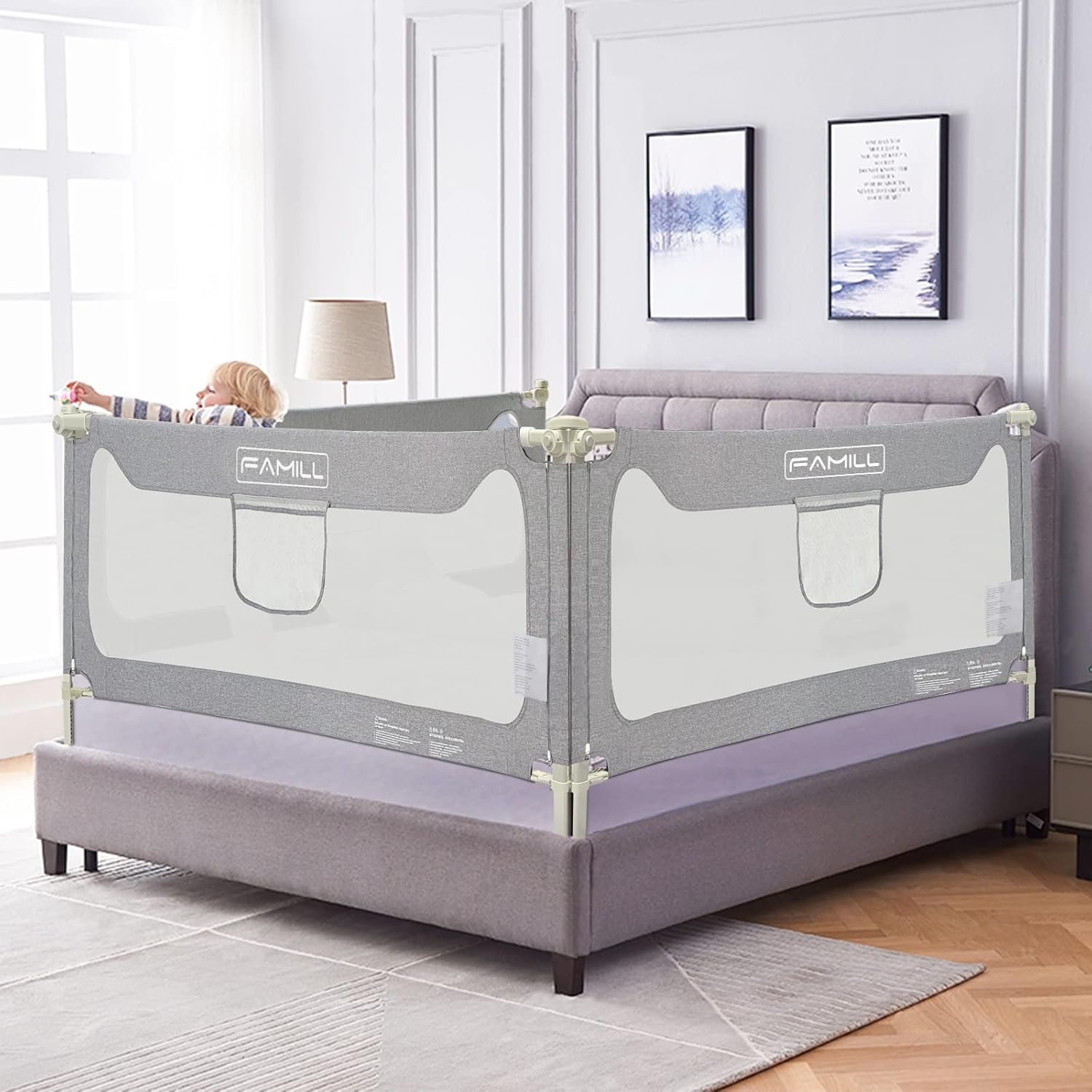 FAMILL Bed Rail for Toddlers, Upgraded Rails for Queen, King Size, Full Size, Twin Bed, Bed Rail Guard with Large U-Shape Base, Bed Rails for King Size Bed (Grey, 39″, 1 Side)