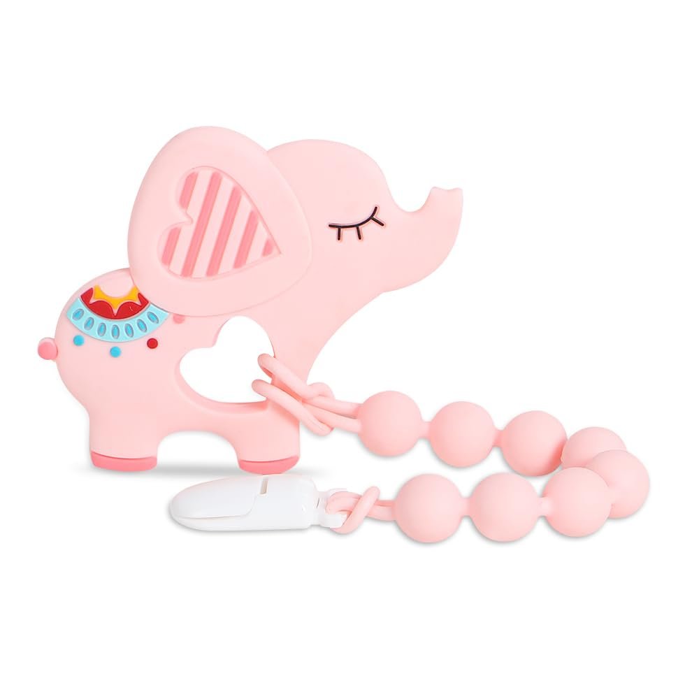 Baby Teething Toys,Food Grade Silicone Teether with One-Piece Pacifier Clip Holder,Shower Gift,Highly Effective Pain Relief for 3 Months+ Boy and Girl,BPA Free,Freezer Safe. (Pink Elephant)