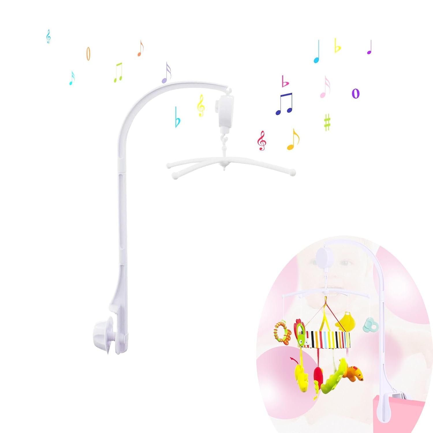 26inch White Baby Crib Mobile Music Box Bed Bell Toy Holder Arm Bracket Nut Screw Music Box Holder Set Parts for Baby Bed Perambulator (Without Dolls)