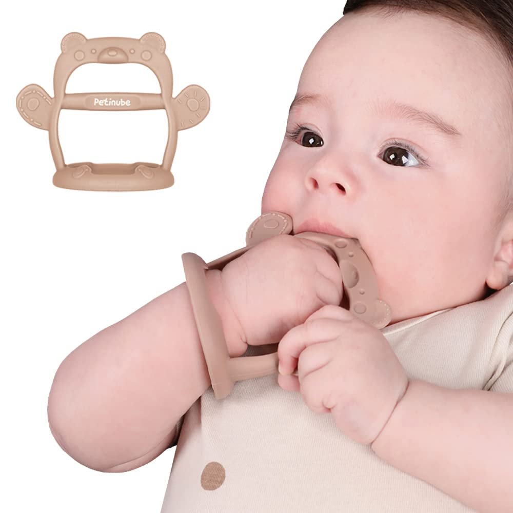 Baby Wrist Silicone Teether Soothing Pacifier for Infants 3+ Months Babies Pack of 1 Made in Korea Anti-Dropping (Bear-Cozy Beige)