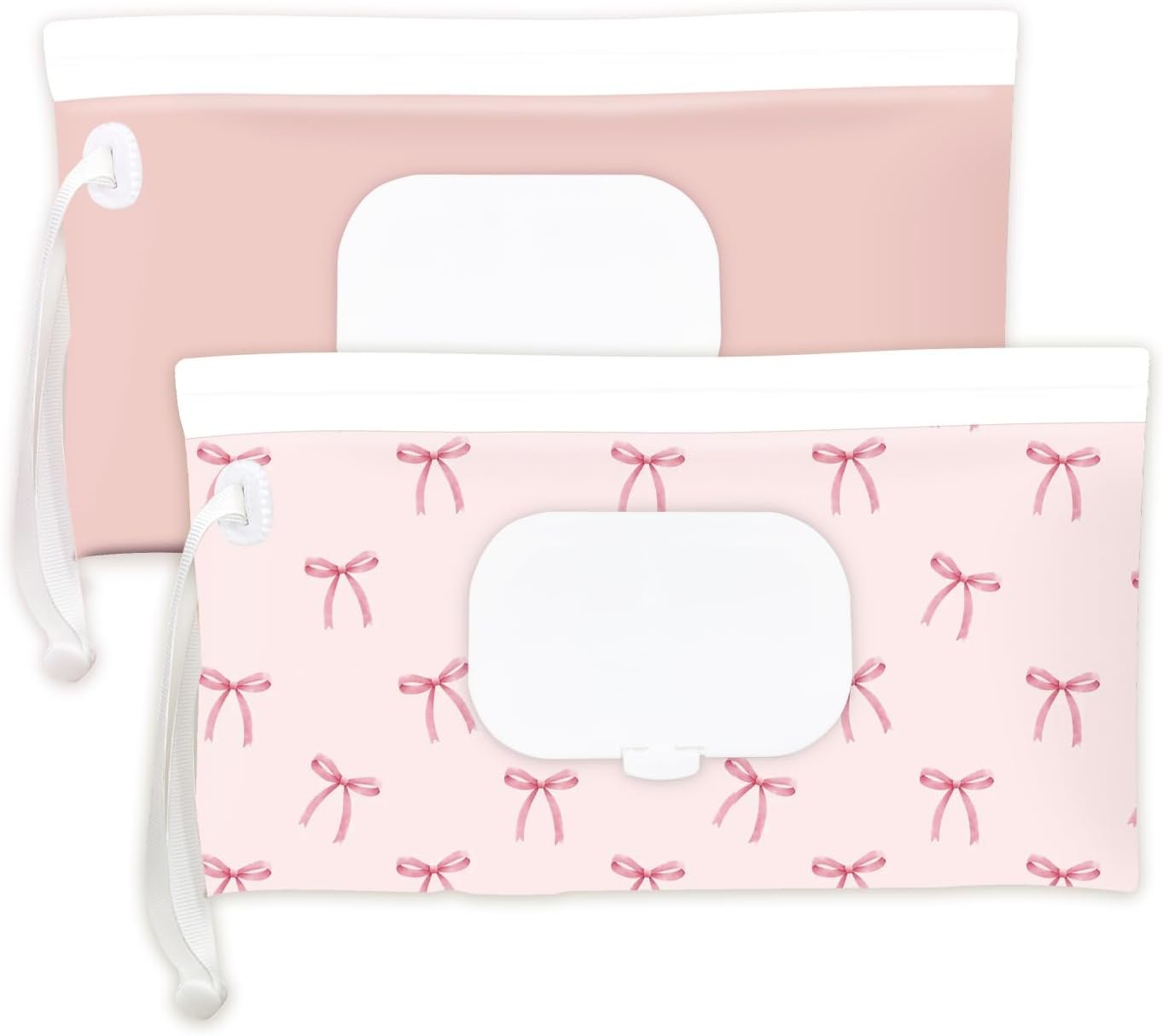 Wipe Dispenser and Wipes Container, 2 Pack Reusable Wipes Holder and Travel Wipes Case, Refillable Pouch for Baby Essentials, blush& bow Design (Blush)