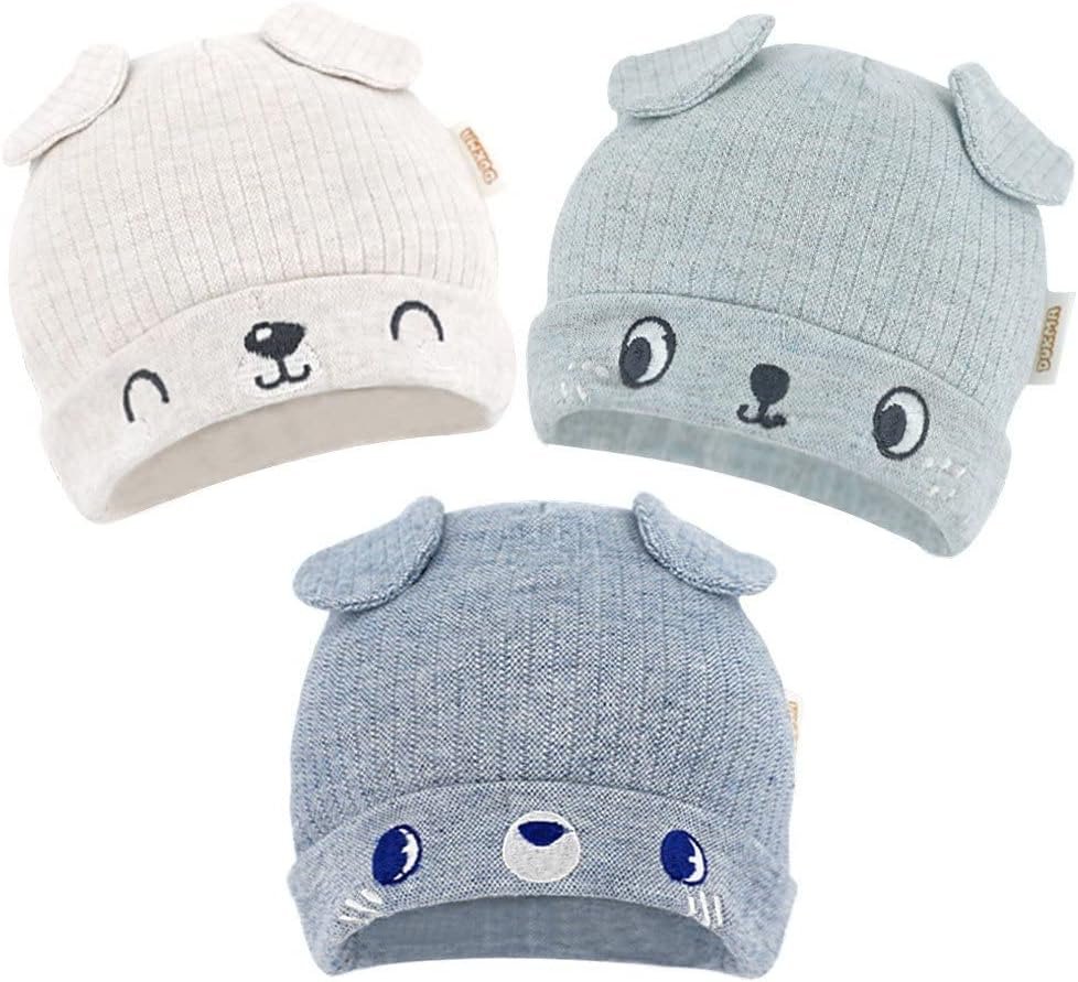 DOKMA Organic Cotton Toddler Hat Set 3 Cute Animal Ears Design, Beanies for Baby Boys and Girls 0-6 Months Light Gray & Blue