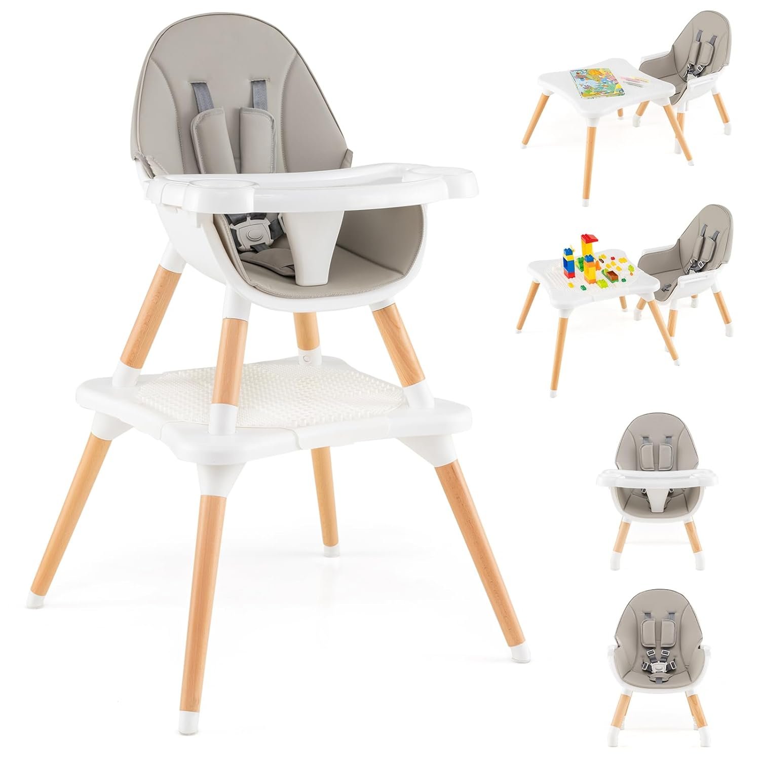 HONEY JOY Baby High Chair, 6-in-1 Convertible Wooden Highchair for Babies and Toddlers/Table Set/Toddler Chair with Safety Harness, 4-Position Removable Feeding Tray (Gray)