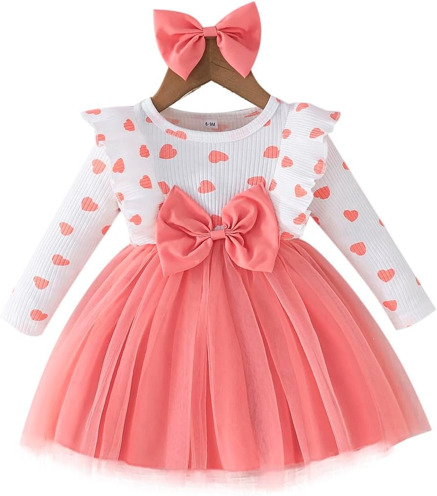 Toddler Baby Girl Valentines Day Dress Ribbed Ruffle Long Sleeve Heart Print Dress Tulle Tutu Skirts Spring Clothes（Pink 01,9-12 Months）