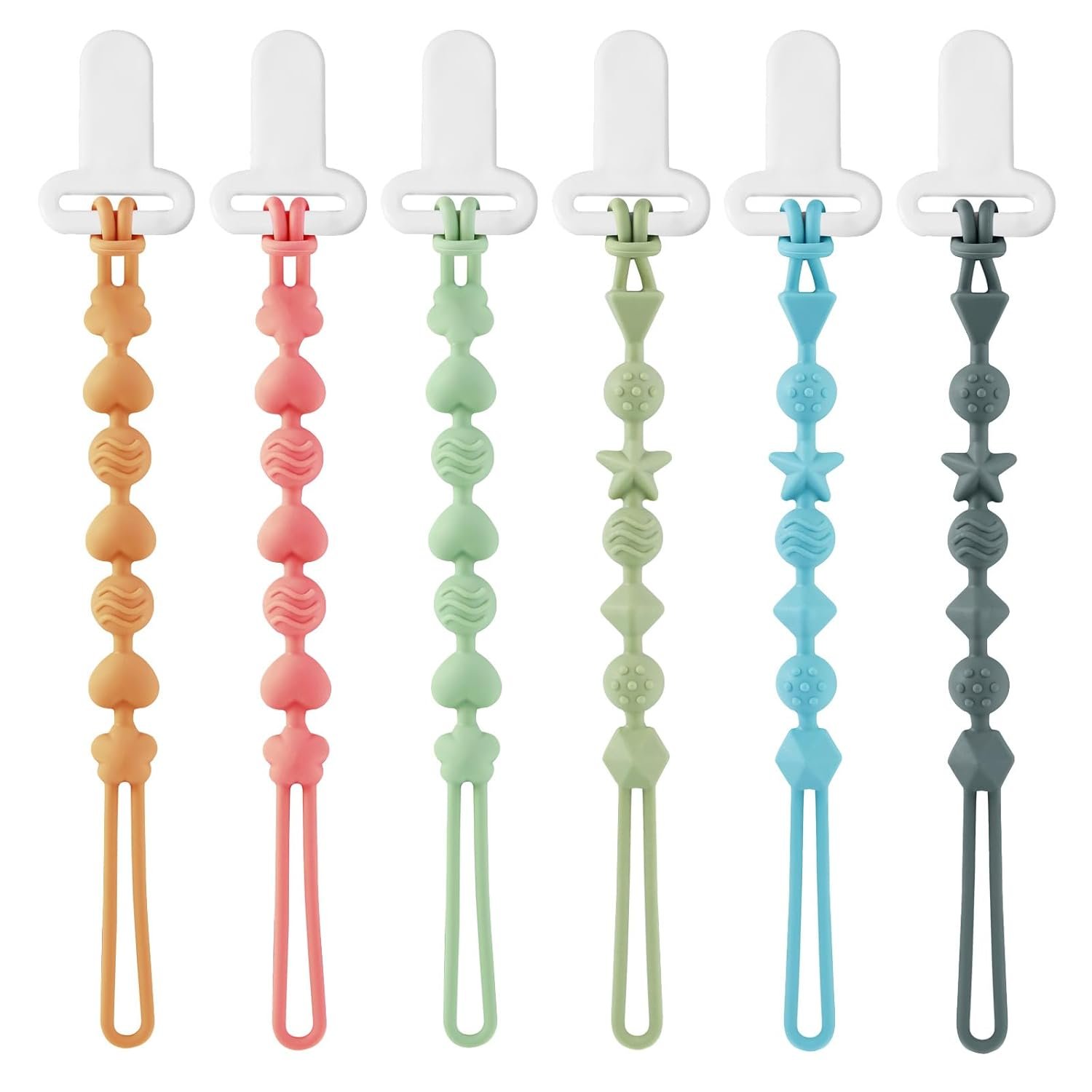 PandaEar 6 Pack Silicone Pacifier Clips, One Piece Design Teething Pacifier Holder Clip, Neutral Baby Paci Clips Boys & Girls, Binky Clips Pacifier Straps Chain for Toys Teethers