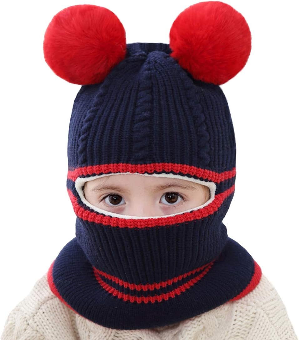 Toddler Winter Hat Baby Balaclava 2 in 1,Fleece Lined Knitted Beanie with Face Mask, Ear Flaps & Pom Pom for Boys Girls