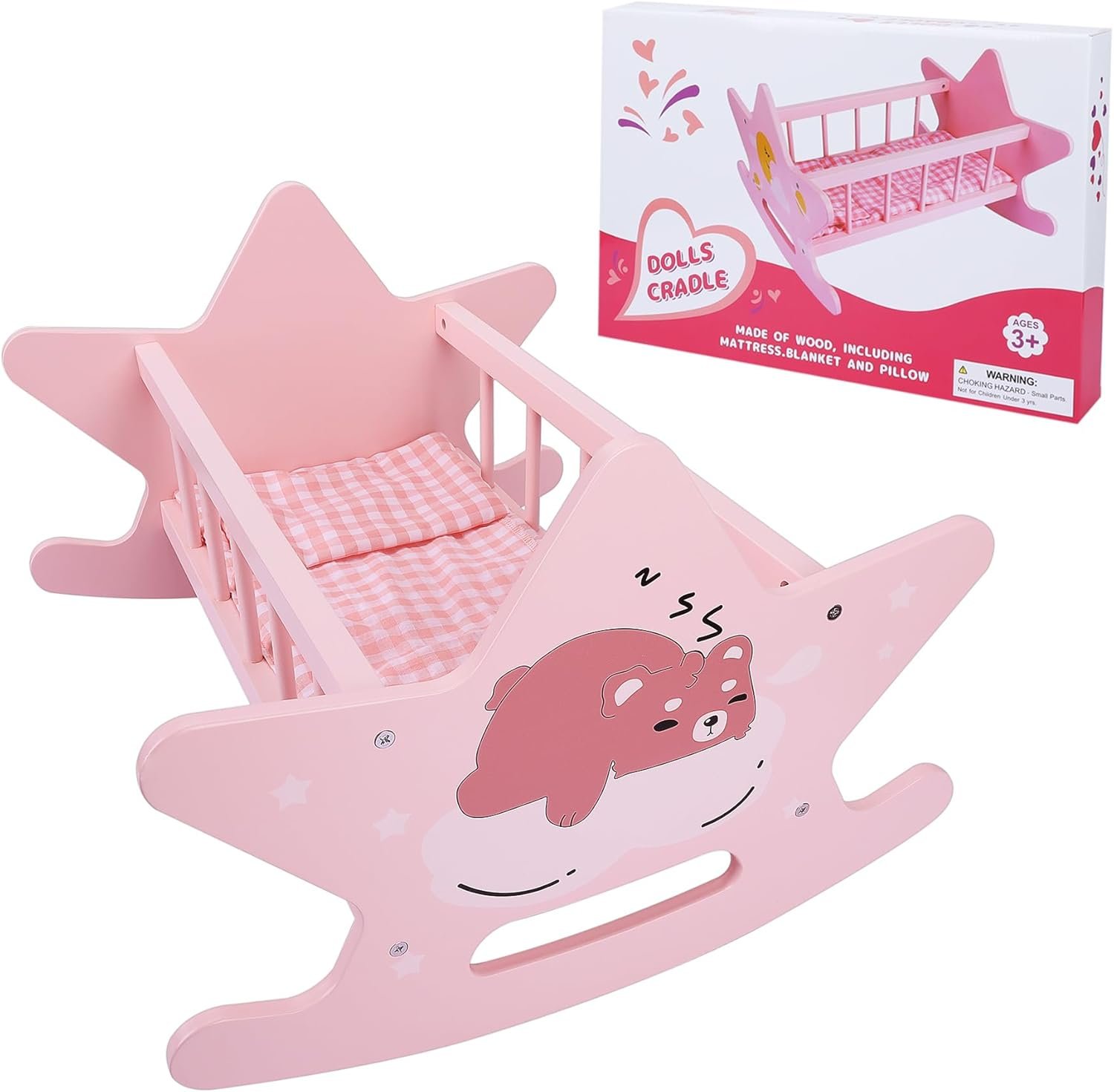 Wooden Baby Doll Crib Set, Pink Baby Doll Bed Toys, Rocking Baby Doll Cradle Accessories, Play Cradle for Dolls, Doll Furniture Accessories,Gift for Boys Girls Kids, Ages 3+