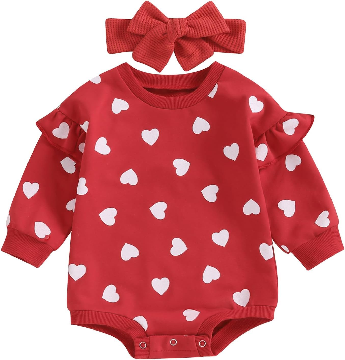 FIOMVA Valentines Baby Girl Outfit Newborn Bubble Romper Infant Sweatshirt Onesie Toddler Heart Print Clothes (Q Valentines Day Heart Red, 0-3 Months)