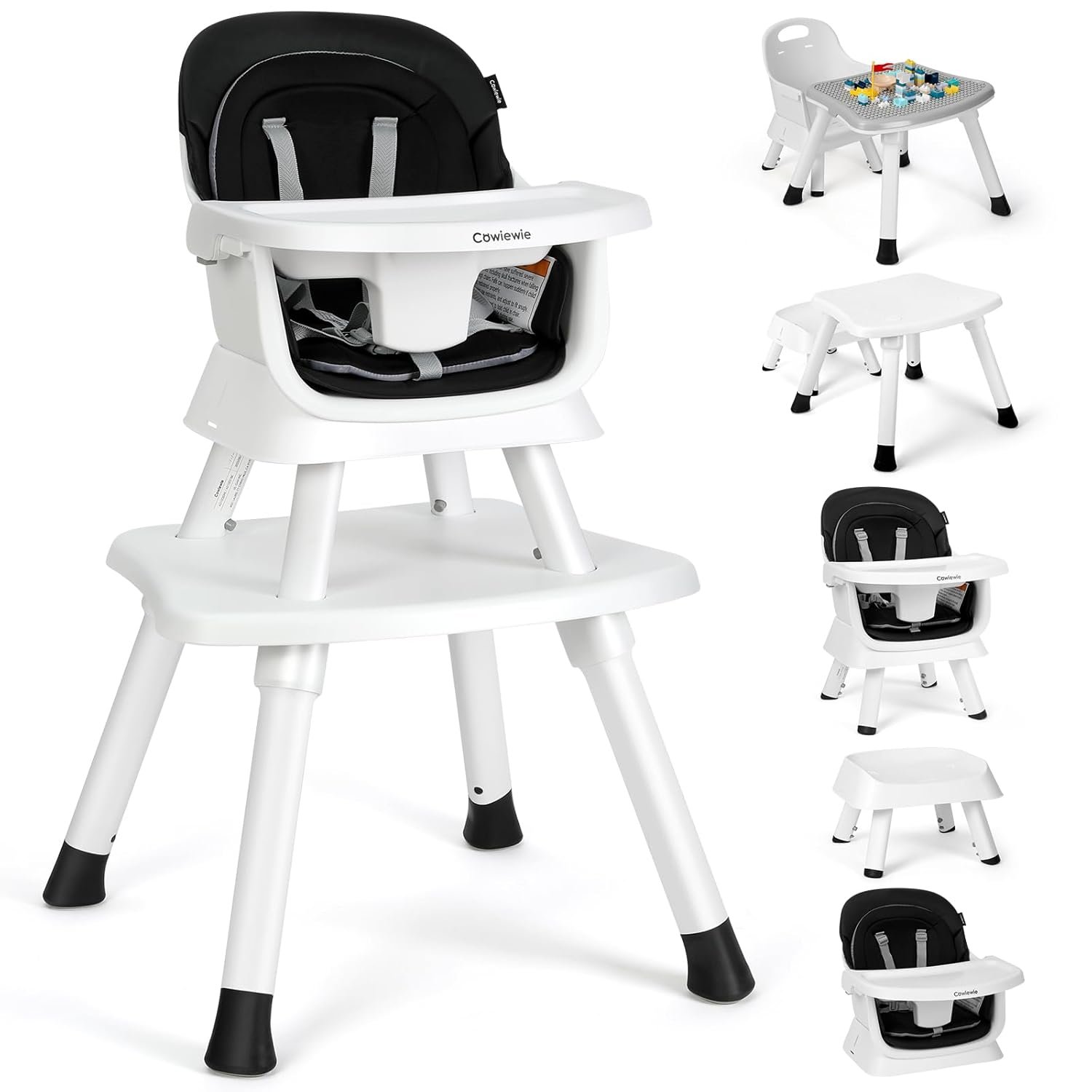Cowiewie 8 in 1 Baby High Chair Growing with Baby High Chairs for Babies and Toddlers Chair Set Building Block Table Highchair with Safety Harness, Removable Tray (White & Black)