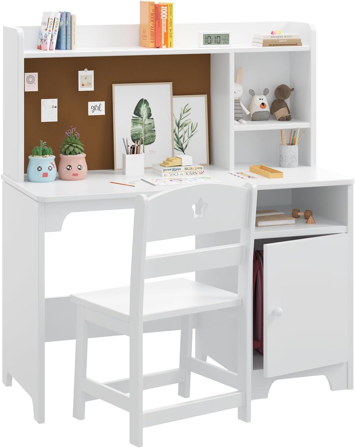 GarveeHome Kids Desk and Chair Set, Study Desk for Kids with Hutch, Storage Cabinet, Wooden Children Study Table, Student Writing Desk Computer Workstation for Kids Bedroom & Study Room, White