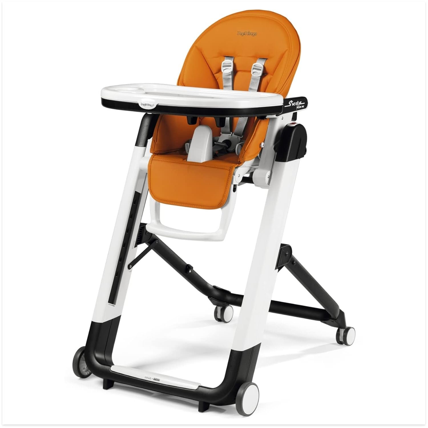 Peg Perego Siesta, Grow With Baby Folding High Chair & Recliner, Height Adjustable, Quick Clean & Easy Push Wheels For Babies & Toddlers, Made in Italy, Arancia (Orange)