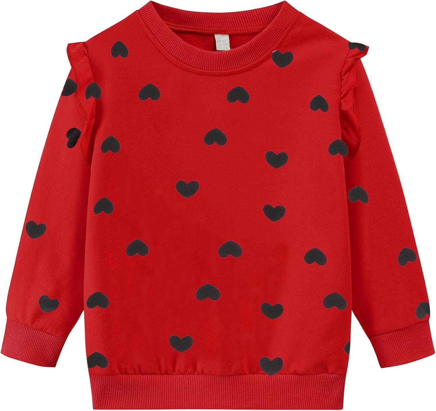 CM-Kid Valentine Girls Sweatshirts Heart Print Pink Red Sweatshirt for Kids Girl Ruffle Sleeve Love Shirt Clothes 2-7 Years