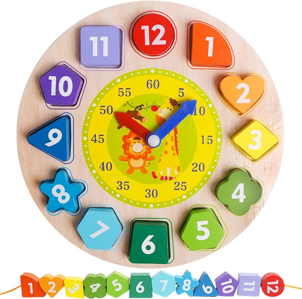 Skrtuan Wooden Sorting Clock Toy for Toddlers 3-5 Years Old, Montessori Shape Color & Animal Puzzle, Educational Learning Gift for Teaching Time, Numbers, and Fine Motor Skills
