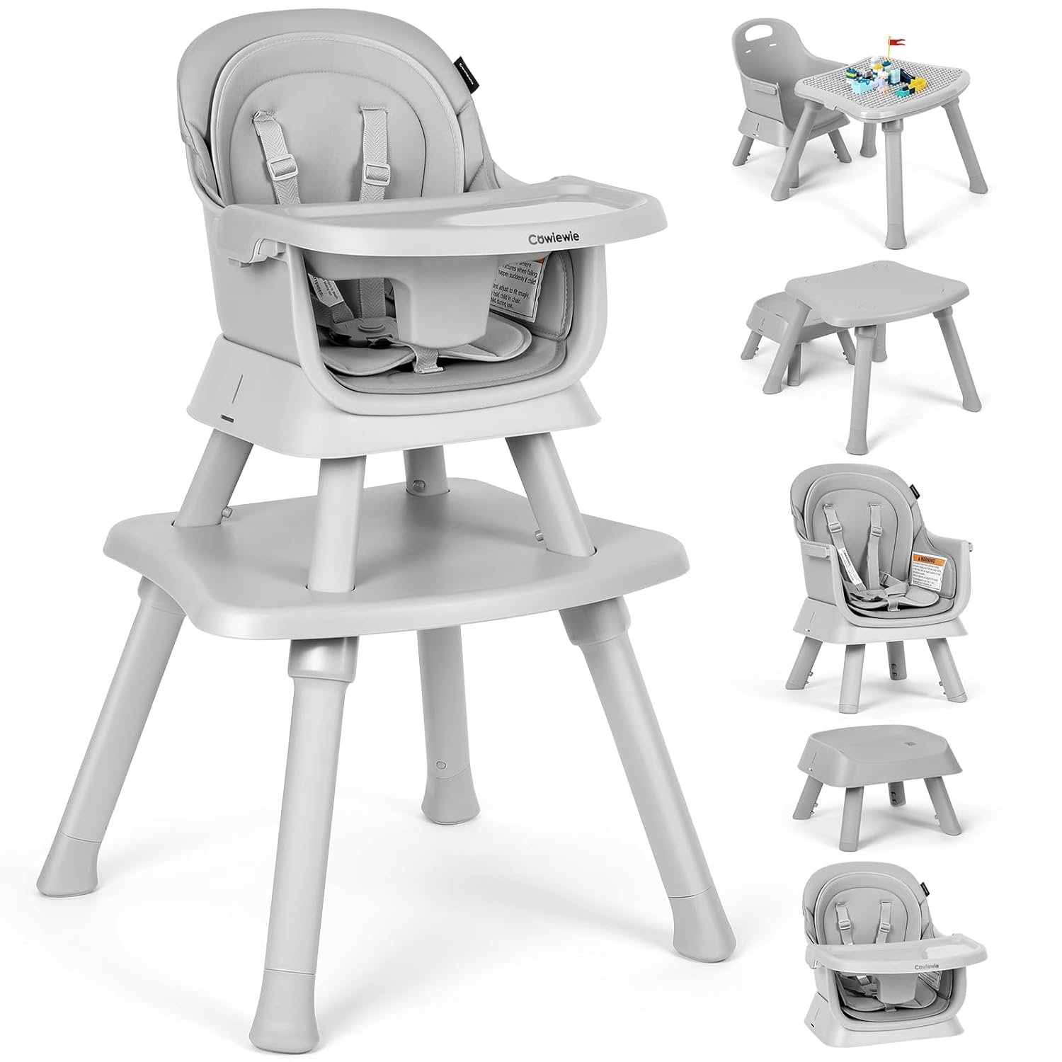 Cowiewie 8 in 1 Baby High Chair for Babies & Toddlers Table and Chair Set Building Block Table Highchair with Safety Harness, Removable Tray（Wavy）