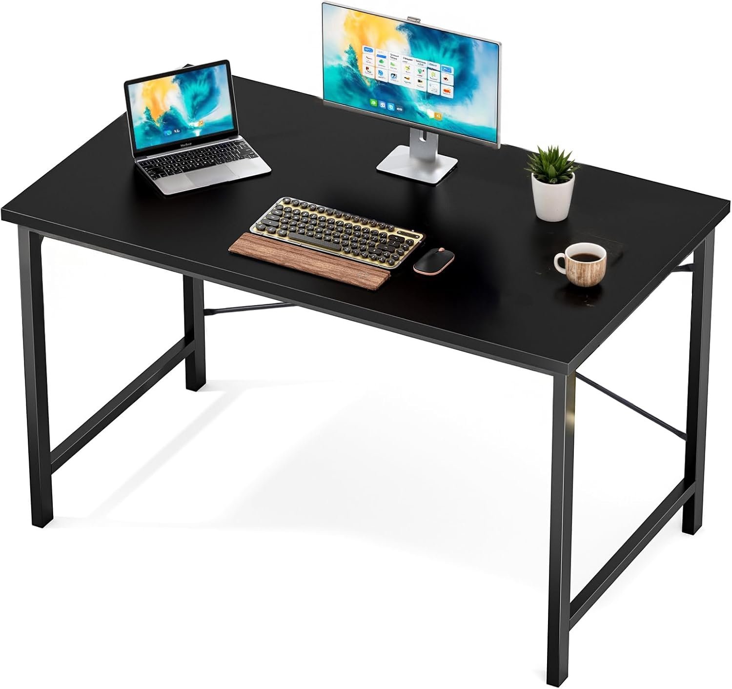 Sweetcrispy Computer Office Desk 48 Inch Student Study Writing Work with Metal Frame Wood Tabletop Modern Simple PC Home Bedroom Table – Basic Black