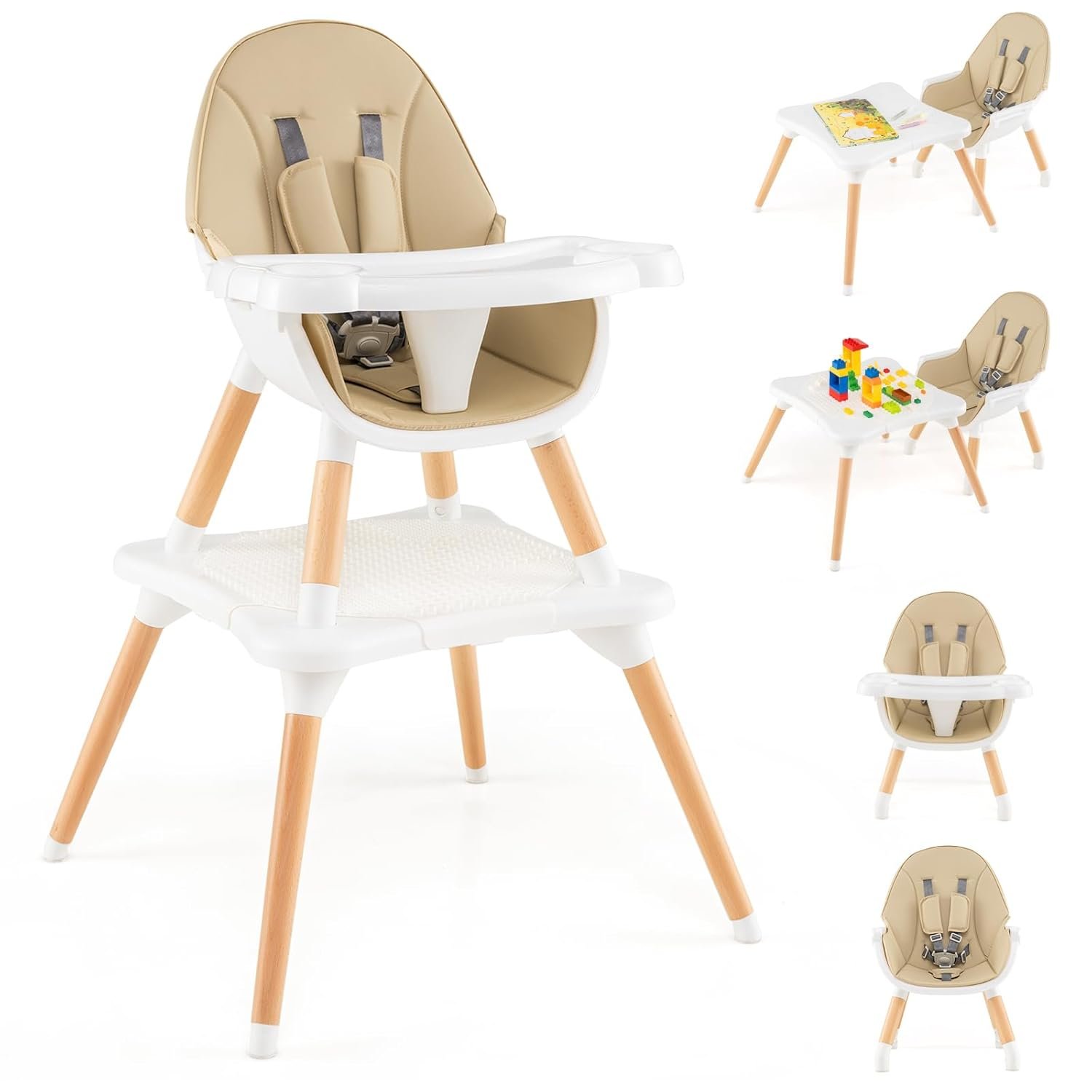 HONEY JOY Baby High Chair, 6-in-1 Convertible Wooden Highchair for Babies and Toddlers/Table Set/Toddler Chair with Safety Harness, 4-Position Removable Feeding Tray (Khaki)