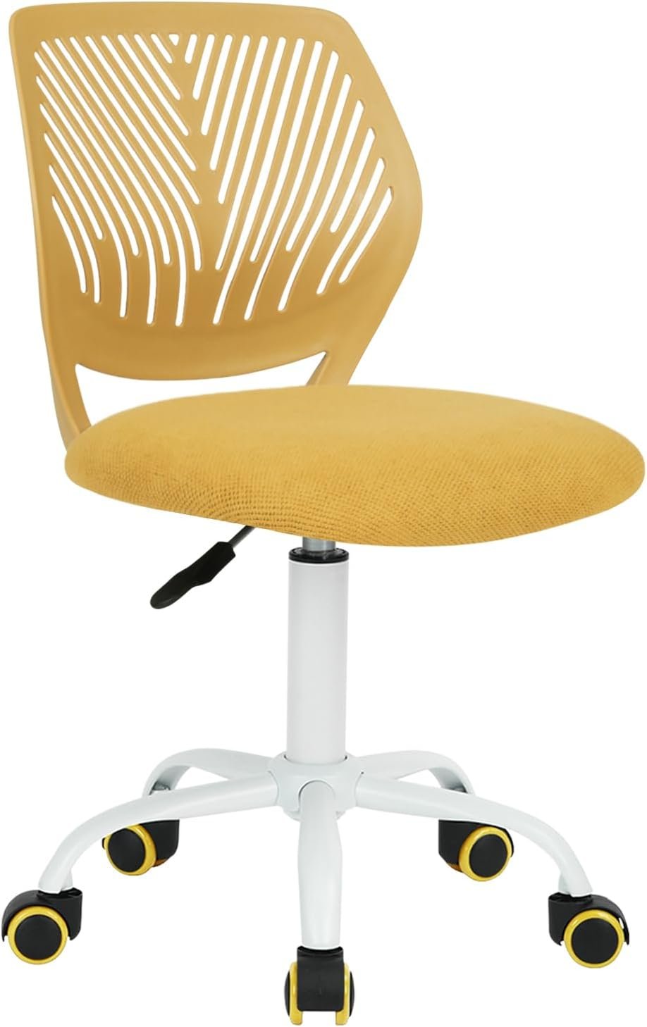 FurnitureR Kids Desk Chair, Small Adjustable Swivel Computer Task Chair with Plastic Backrest and Padded Seat Cushion, Fabric Armless Cute Rolling Child Office Chairs Study Chair, Yellow