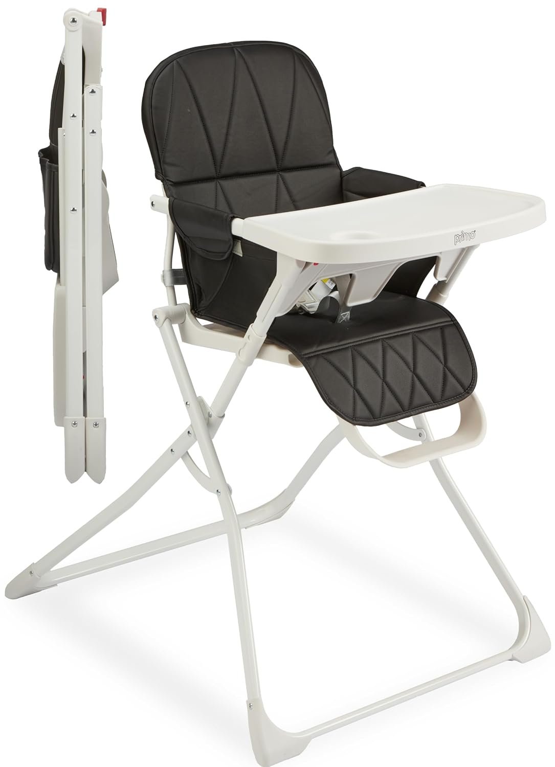 Primo PopUp Folding High Chair for Baby Age 6 to 36 Months – Black Folding Beach Style High Chair with Removable Dishwasher Safe Tray, 3pt Safety Harness, Leatherette Seat – Space Saving Design