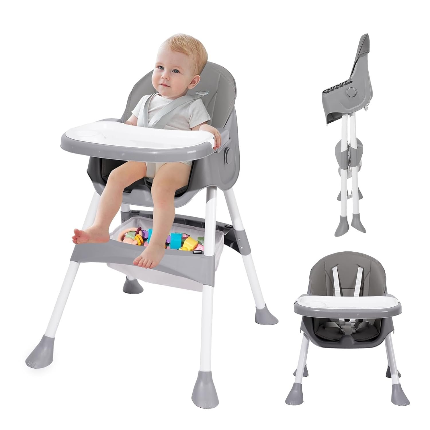 Baby High Chair, 6 in 1 Convertible High Chairs for Babies and Toddlers, Toddler Feeding Chair with Double Removable Tray, Adjustable Footrest & Machine Washable Cushion（Light Gray）